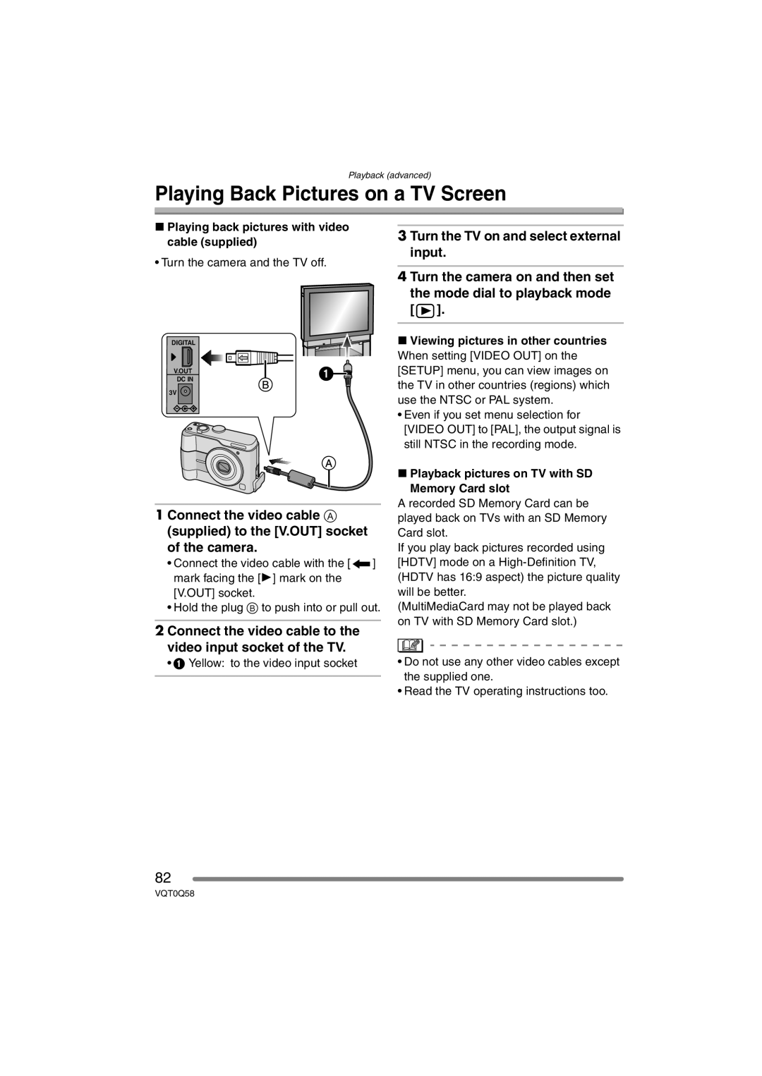 Panasonic DMC-LS1PP Playing Back Pictures on a TV Screen, Connect the video cable to the video input socket of the TV 