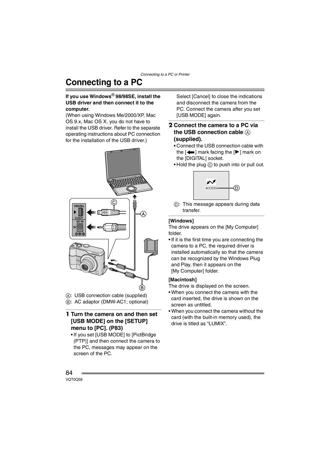 Panasonic DMC-LS1PP operating instructions Connecting to a PC, Windows, Macintosh 