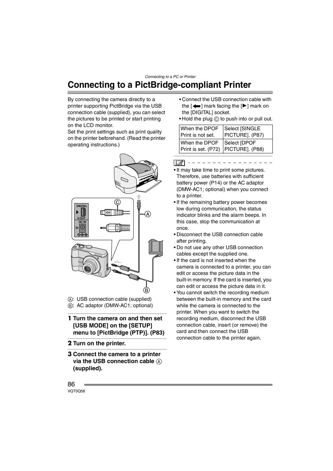 Panasonic DMC-LS1PP operating instructions Connecting to a PictBridge-compliant Printer, PICTURE. P87, PICTURE. P88 