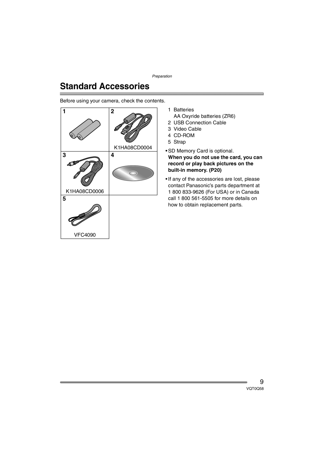 Panasonic DMC-LS1PP operating instructions Standard Accessories, K1HA08CD0004, K1HA08CD0006, VFC4090, Cd-Rom 