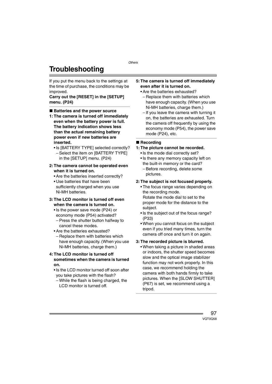 Panasonic DMC-LS1PP Troubleshooting, Camera cannot be operated even when it is turned on, Subject is not focused properly 