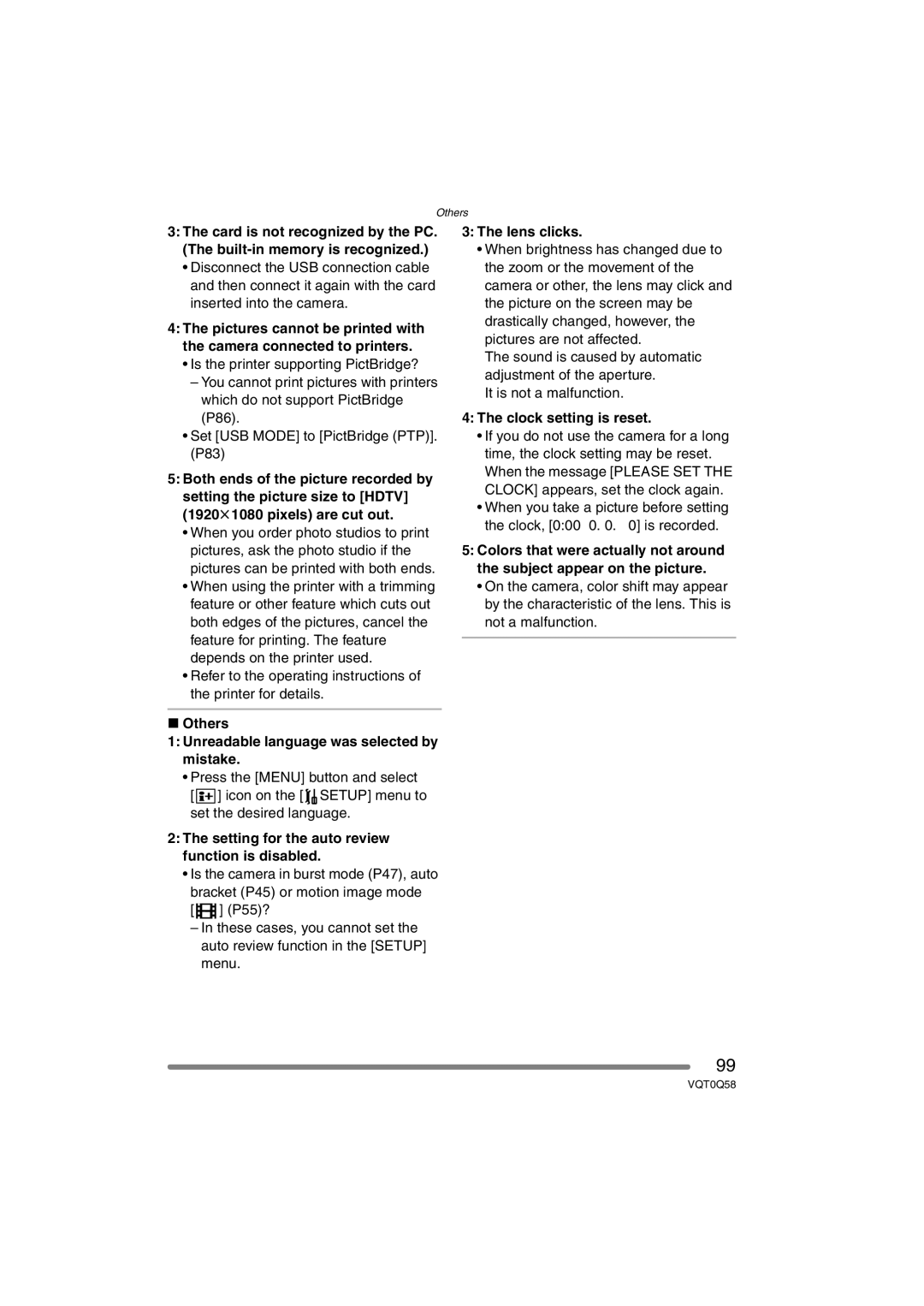 Panasonic DMC-LS1PP Others Unreadable language was selected by mistake, Lens clicks, Clock setting is reset 