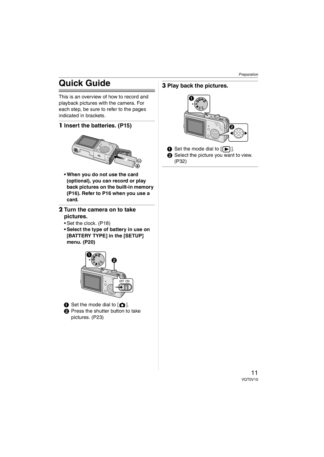 Panasonic DMC-LS2 Quick Guide, Insert the batteries. P15, Turn the camera on to take pictures, Play back the pictures 