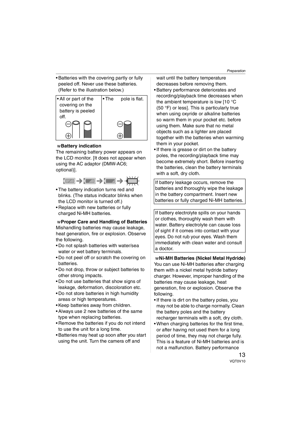 Panasonic DMC-LS2 operating instructions All or part Pole is flat Covering on Battery is peeled Off, Battery indication 