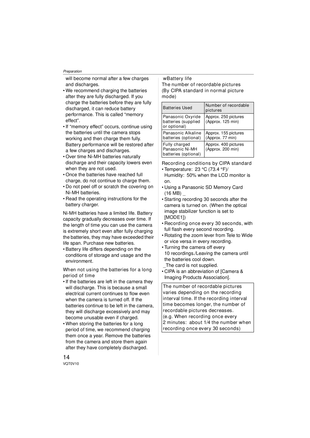 Panasonic DMC-LS2 When not using the batteries for a long period of time, Recording conditions by Cipa standard 