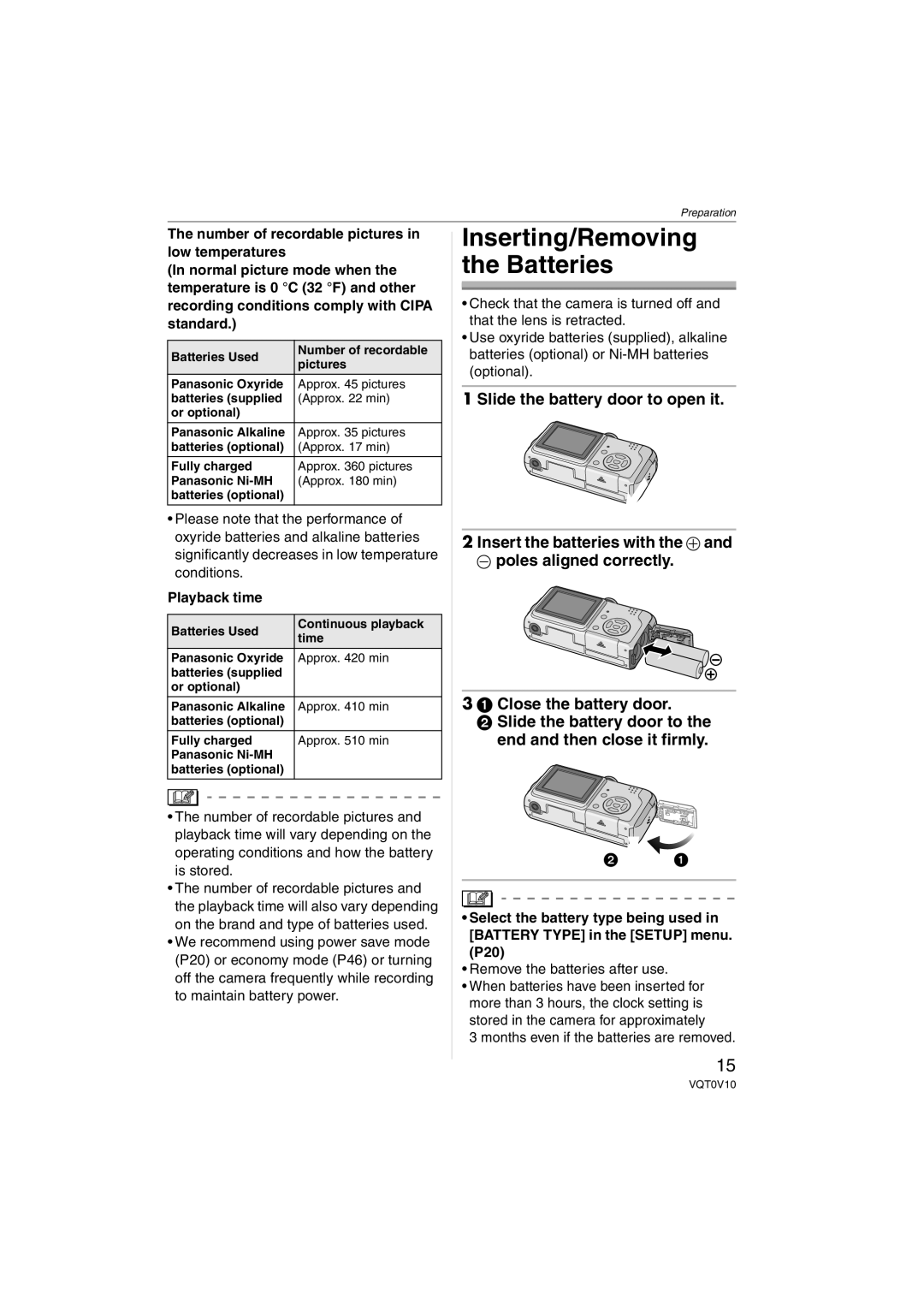 Panasonic DMC-LS2 operating instructions Inserting/Removing the Batteries, Playback time, Remove the batteries after use 