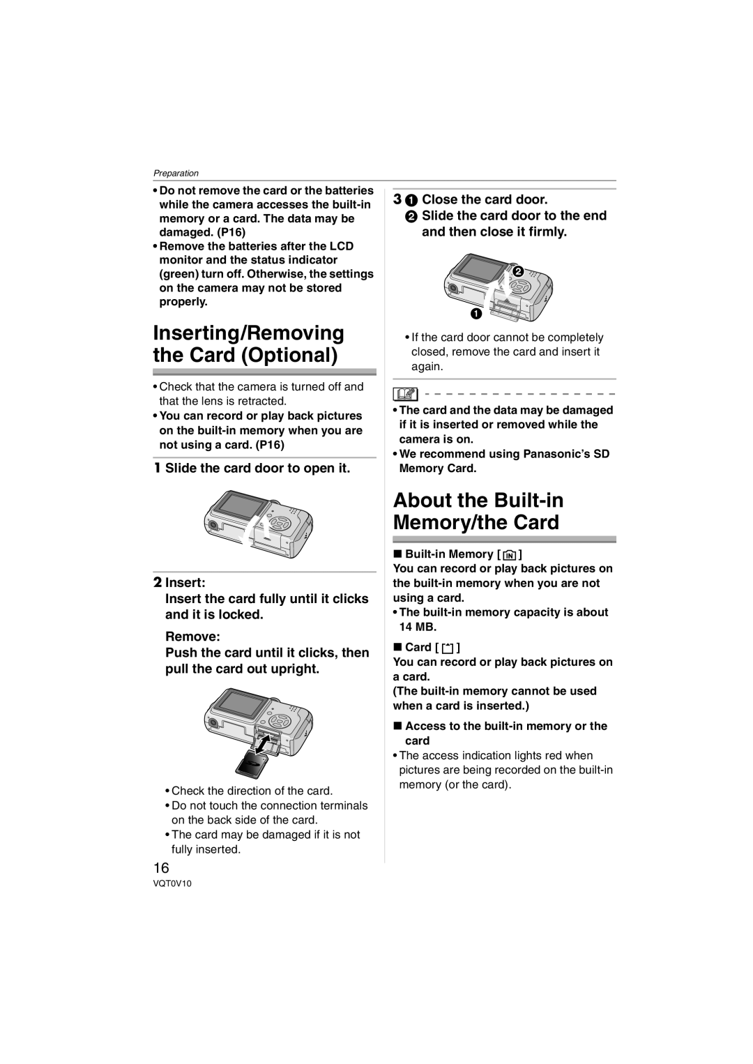 Panasonic DMC-LS2 operating instructions About the Built-in Memory/the Card, Inserting/Removing the Card Optional 