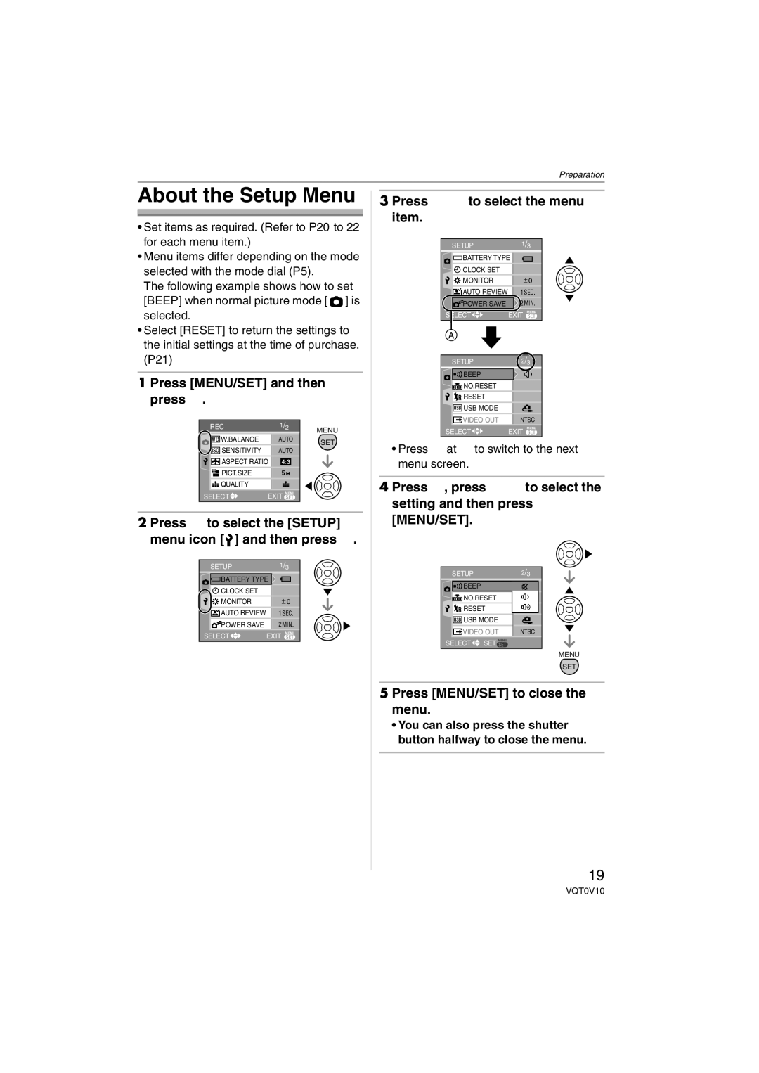 Panasonic DMC-LS2 About the Setup Menu, Press MENU/SET and then press, Press 3/4 to select the menu item 