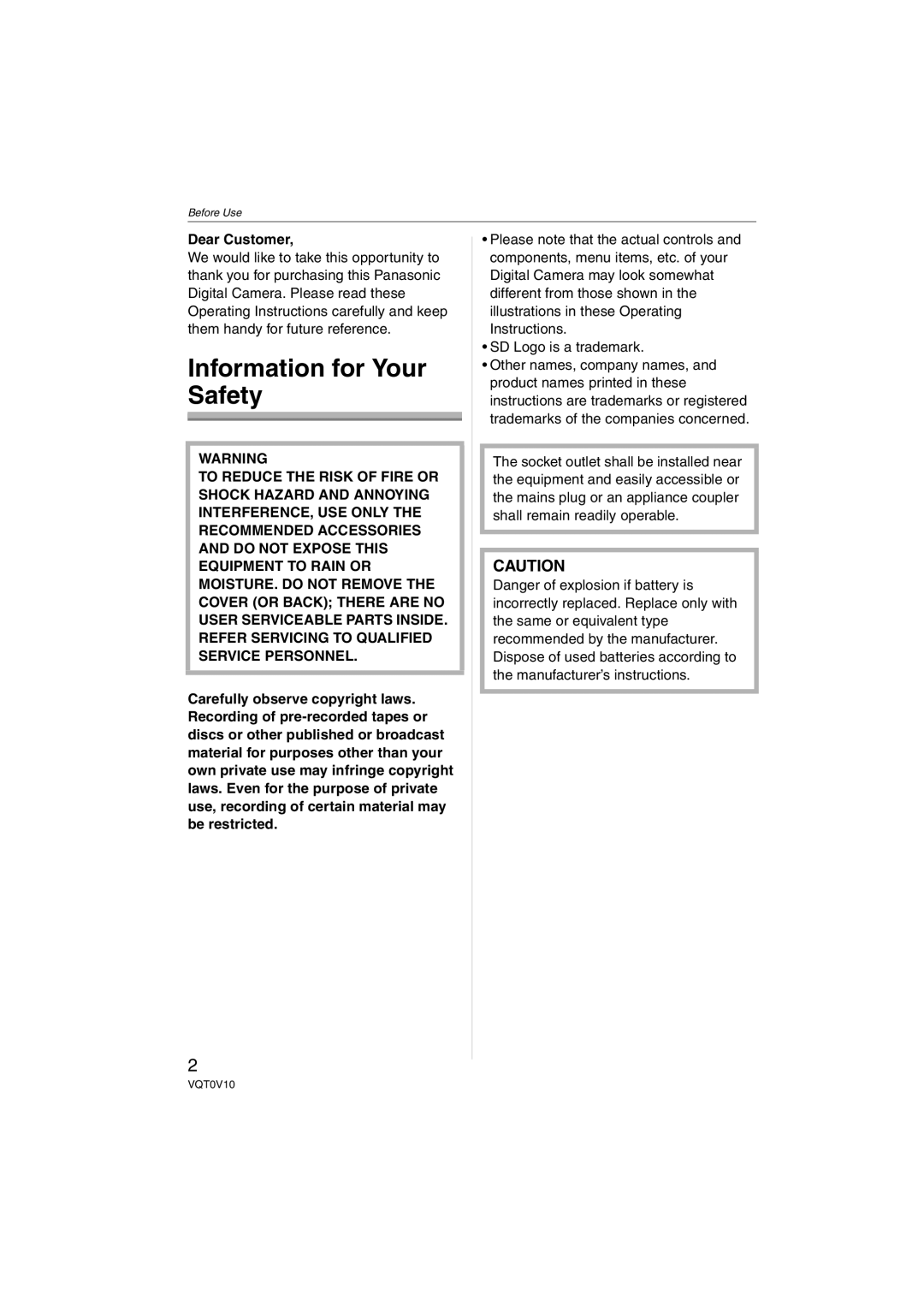 Panasonic DMC-LS2 operating instructions Information for Your Safety, Dear Customer 