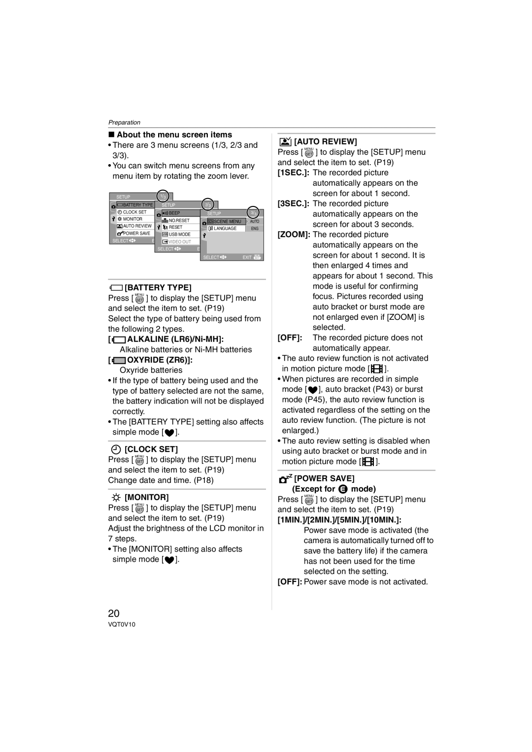 Panasonic DMC-LS2 operating instructions Battery Type, Oxyride ZR6, Clock SET, Monitor, Auto Review 