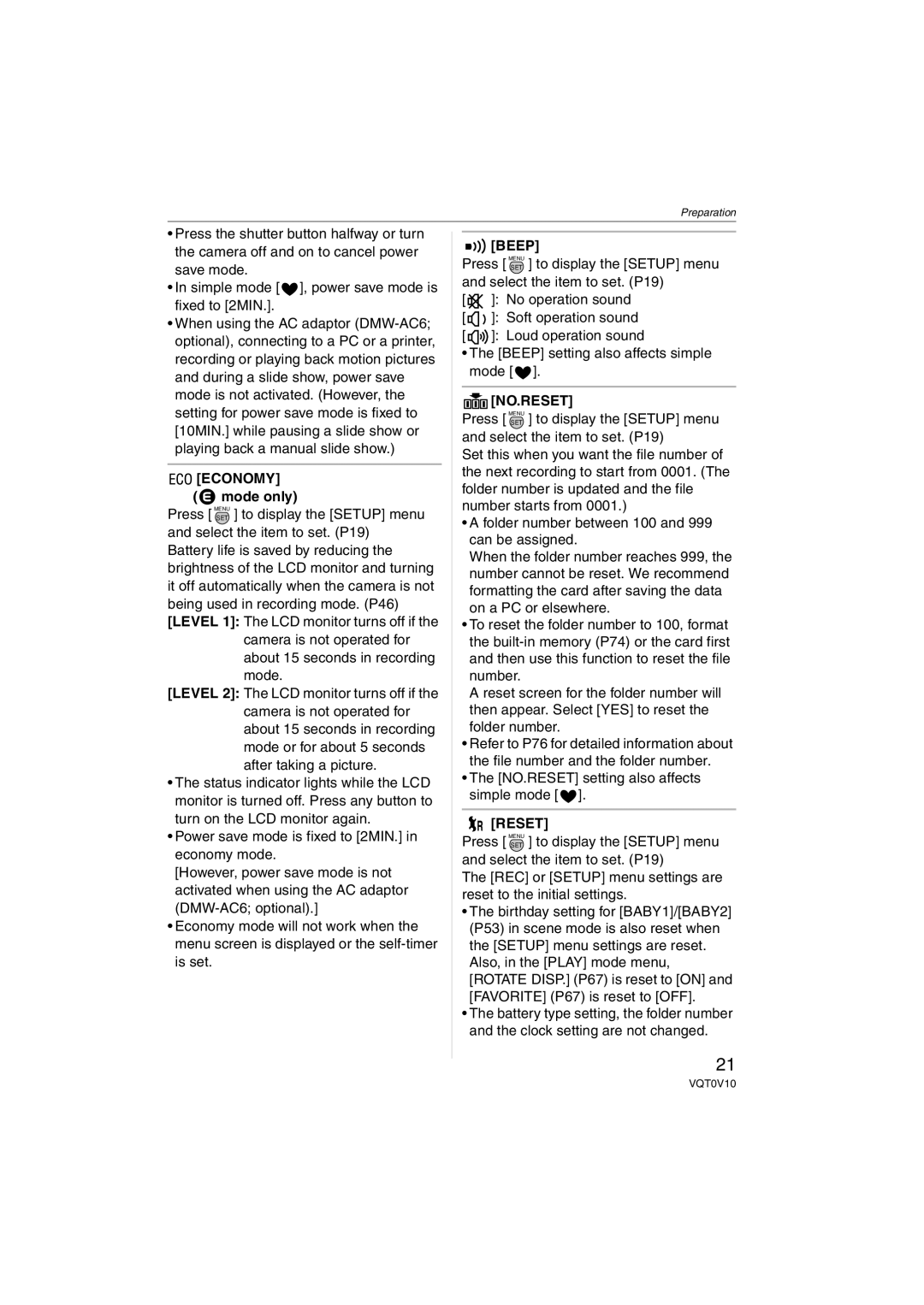 Panasonic DMC-LS2 operating instructions Economy, Mode only, Beep, No.Reset 