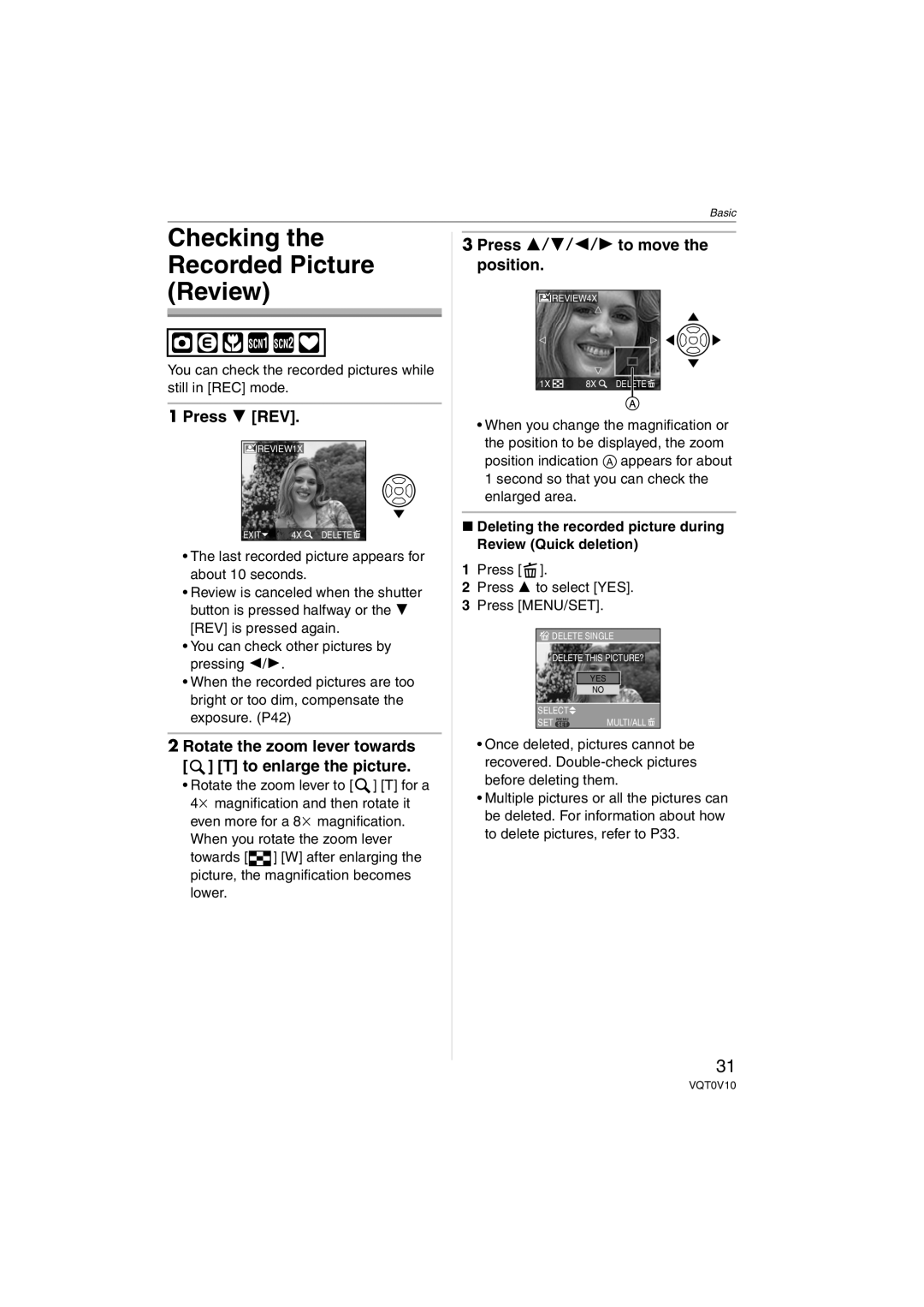 Panasonic DMC-LS2 Checking the Recorded Picture Review, Press 4 REV, Press 3/4/2/1 to move the position 