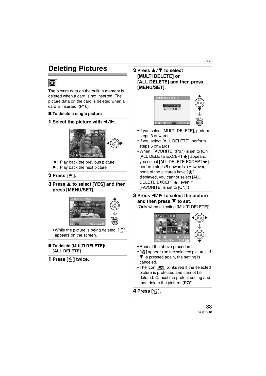 Panasonic DMC-LS2 Deleting Pictures, Select the picture with 2/1, Press Press 3 to select YES and then press MENU/SET 