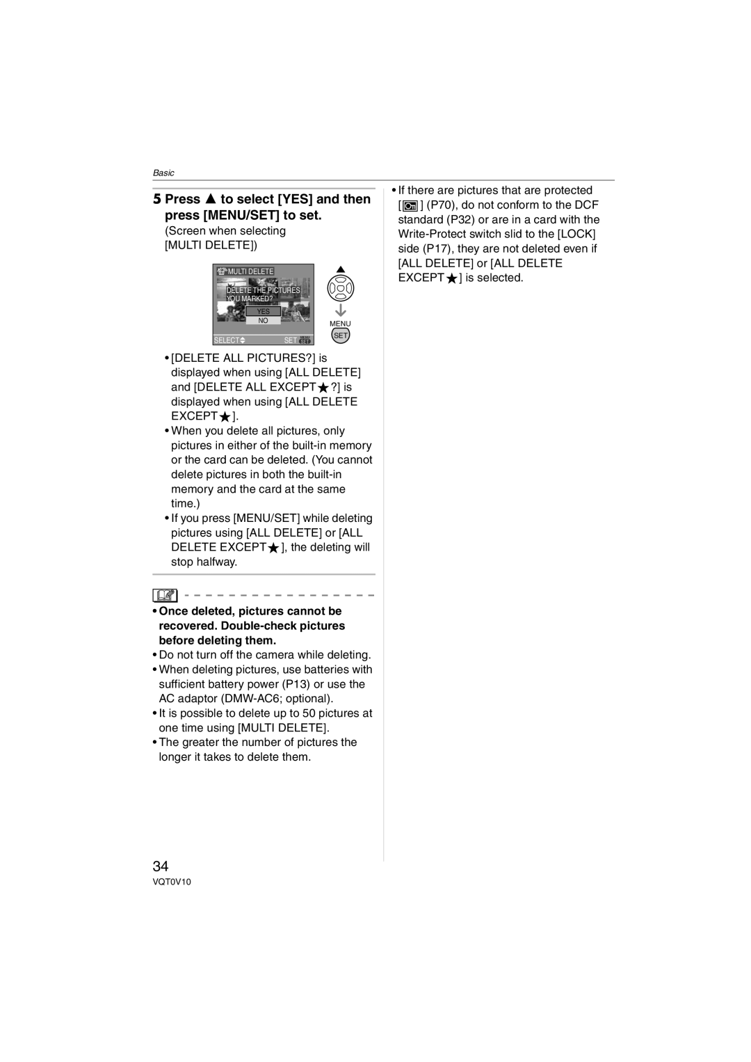 Panasonic DMC-LS2 Press 3 to select YES and then press MENU/SET to set, Screen when selecting Multi Delete 