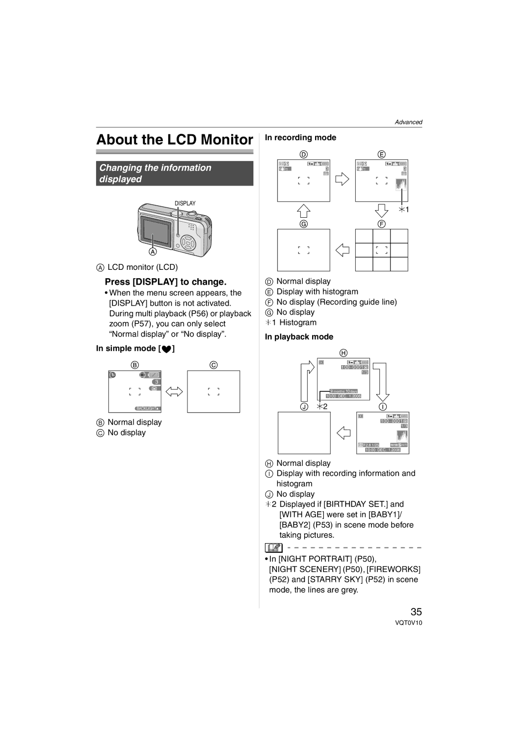 Panasonic DMC-LS2 About the LCD Monitor, Press Display to change, Recording mode, Simple mode, Playback mode 