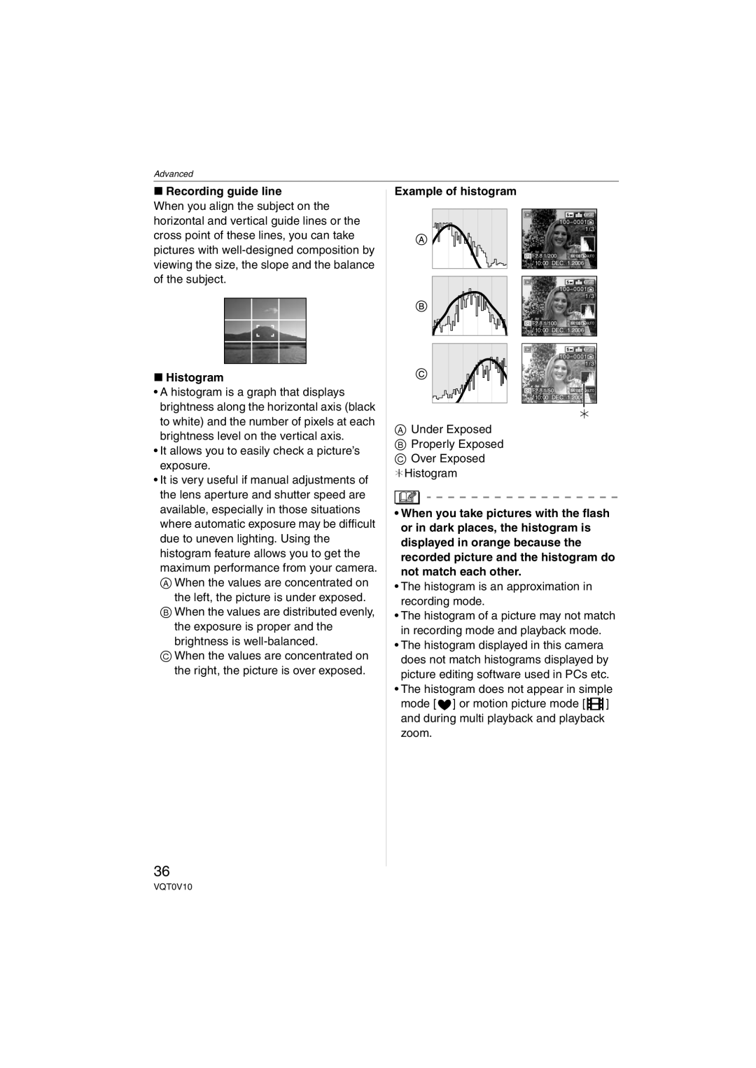 Panasonic DMC-LS2 operating instructions Recording guide line, Histogram, Example of histogram 