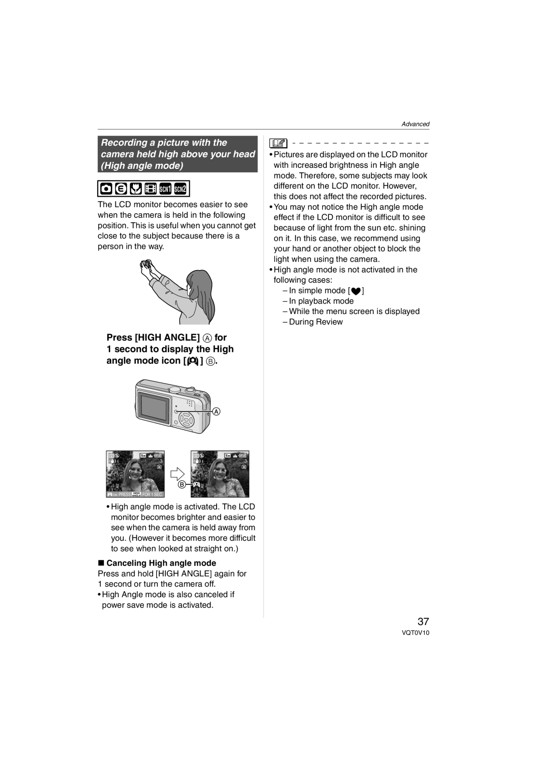 Panasonic DMC-LS2 operating instructions Canceling High angle mode 