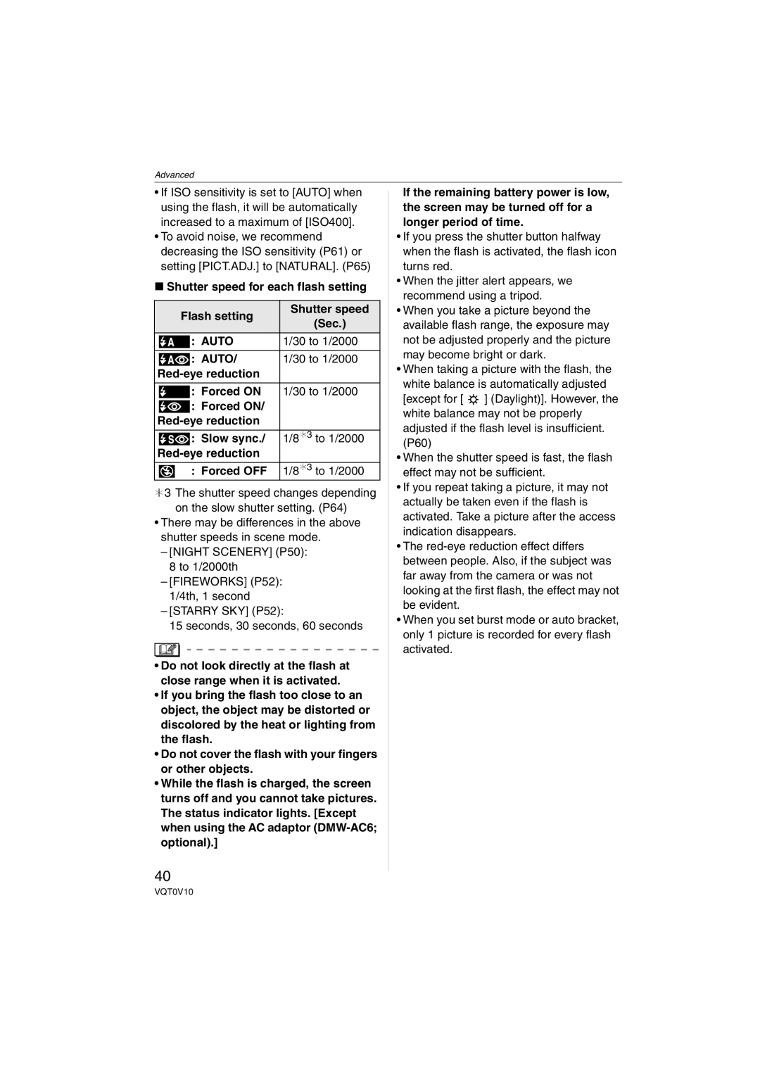 Panasonic DMC-LS2 operating instructions Shutter speed for each flash setting Flash setting Sec, 30 to 1/2000 