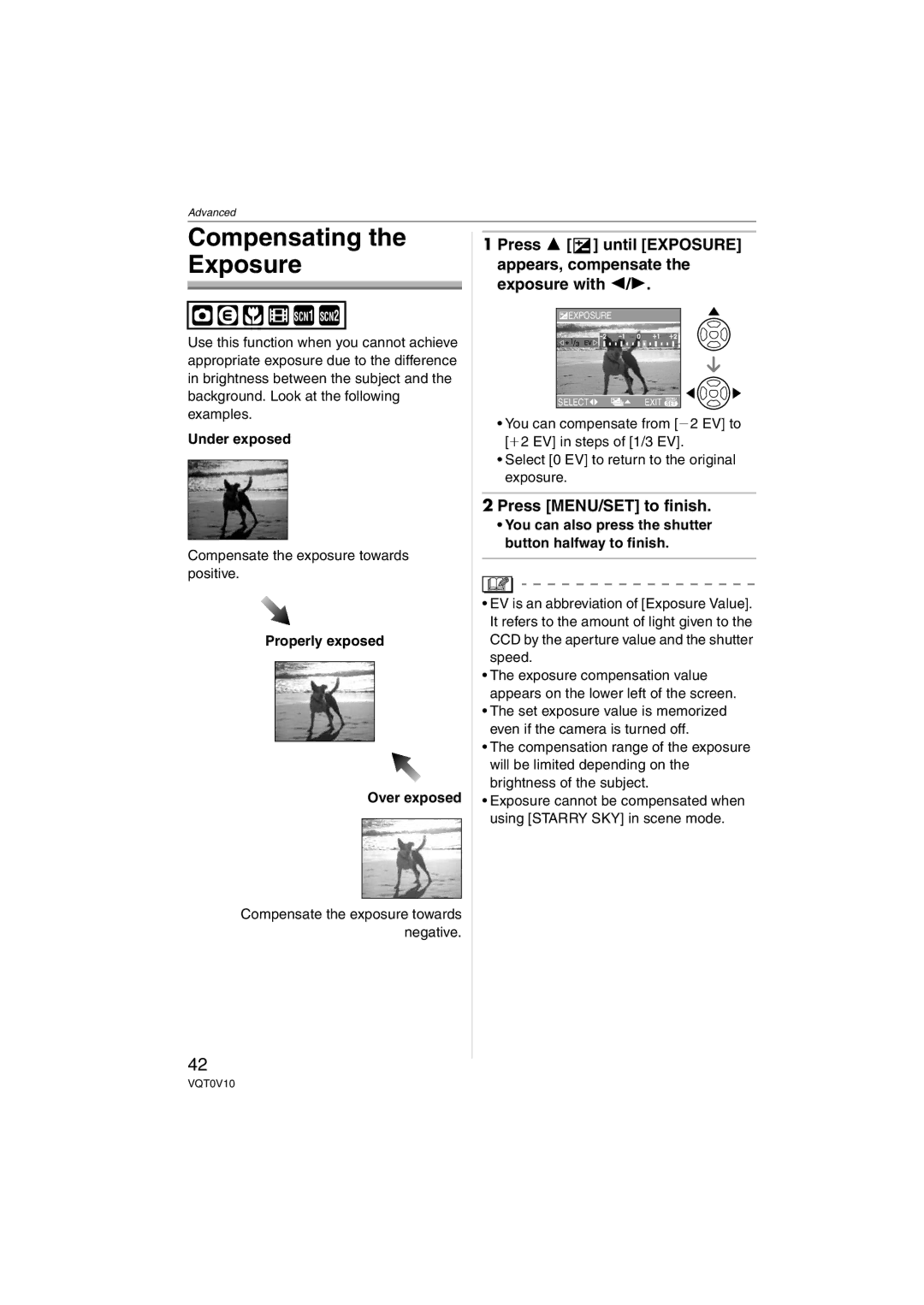 Panasonic DMC-LS2 Compensating the Exposure, Press MENU/SET to finish, Under exposed, Properly exposed Over exposed 