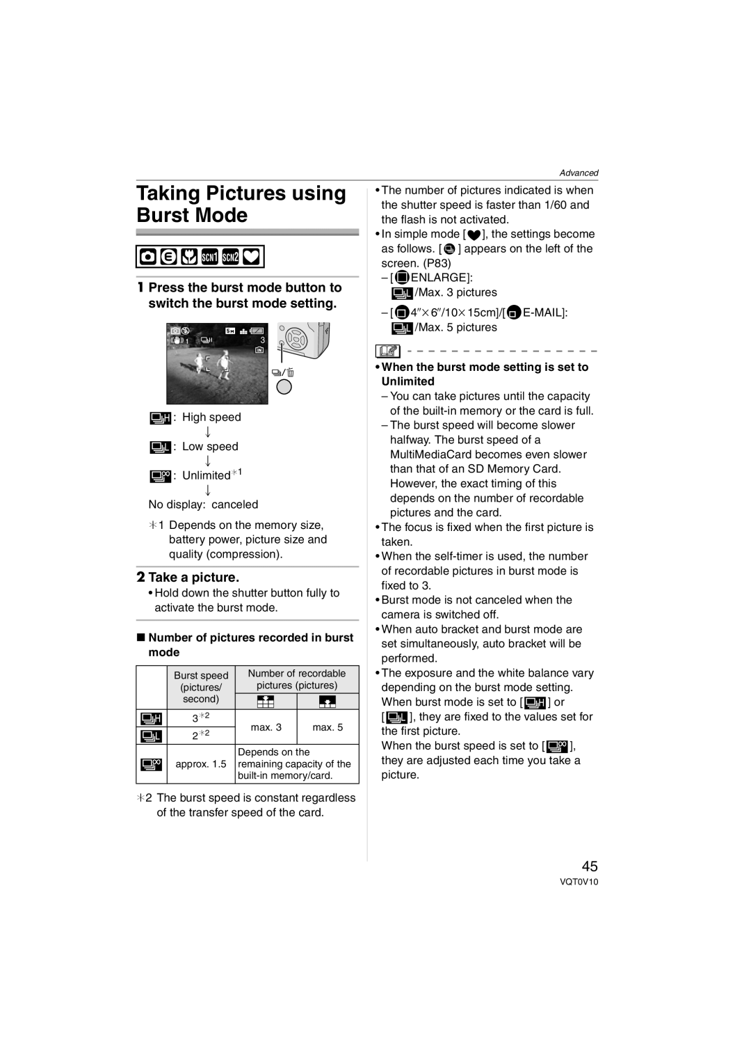 Panasonic DMC-LS2 operating instructions Taking Pictures using Burst Mode, Number of pictures recorded in burst Mode 