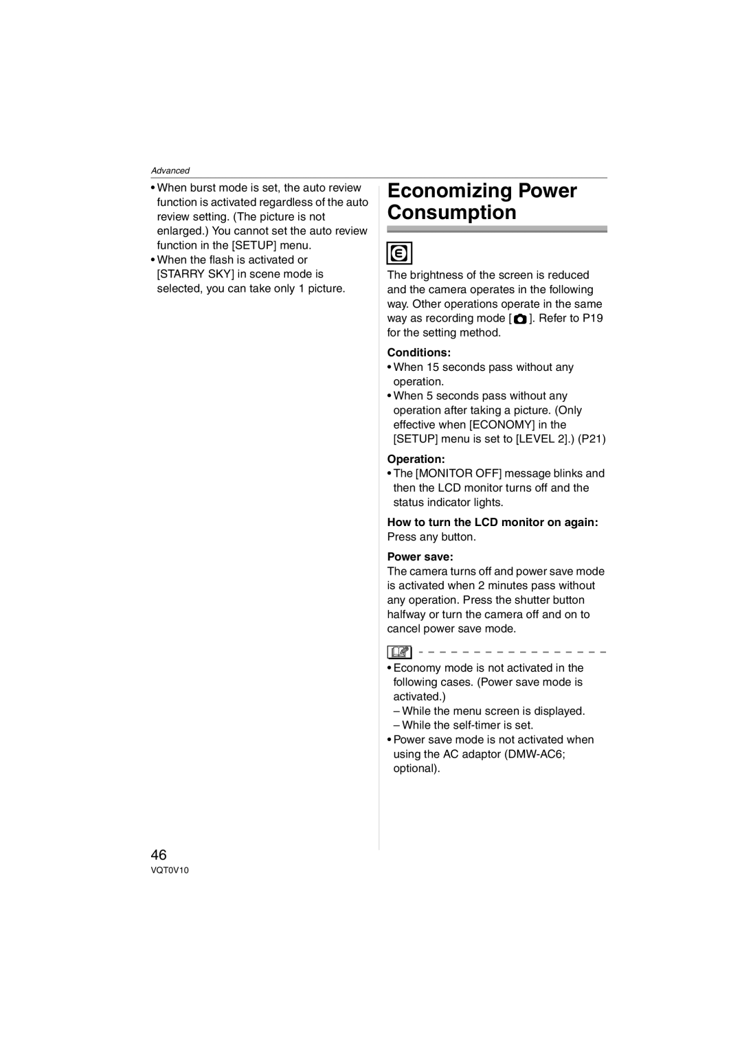 Panasonic DMC-LS2 Conditions, Operation, How to turn the LCD monitor on again, Press any button, Power save 