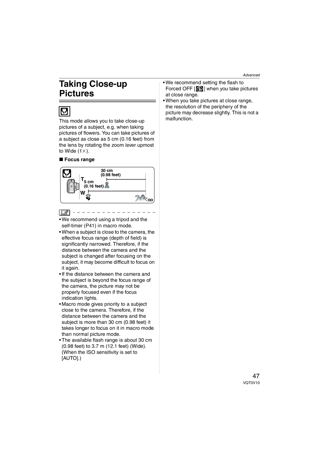 Panasonic DMC-LS2 operating instructions Taking Close-up Pictures, Focus range 