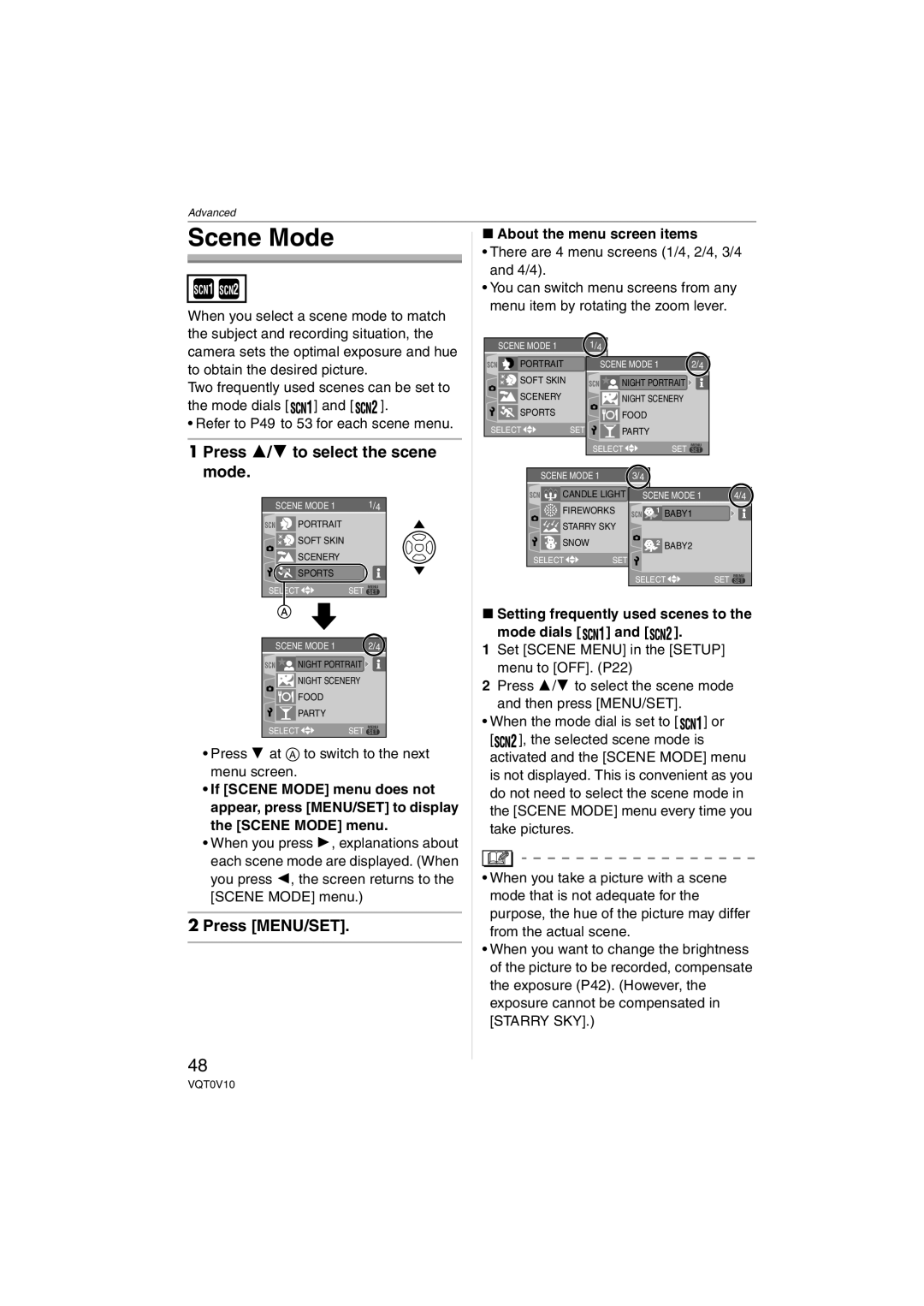 Panasonic DMC-LS2 Scene Mode, Press 3/4 to select the scene mode, There are 4 menu screens 1/4, 2/4, 3/4 and 4/4 