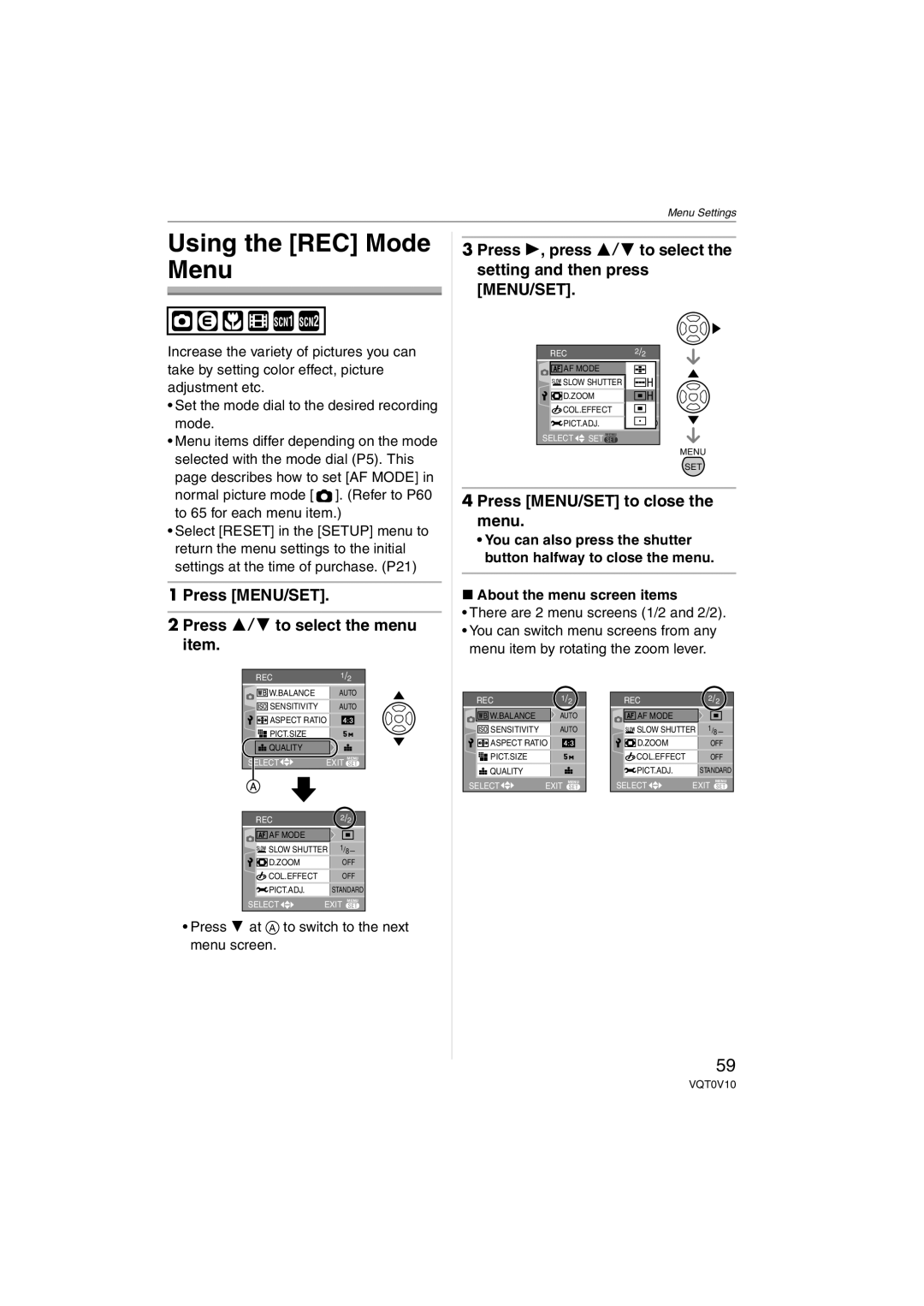 Panasonic DMC-LS2 operating instructions Using the REC Mode Menu, There are 2 menu screens 1/2 and 2/2 