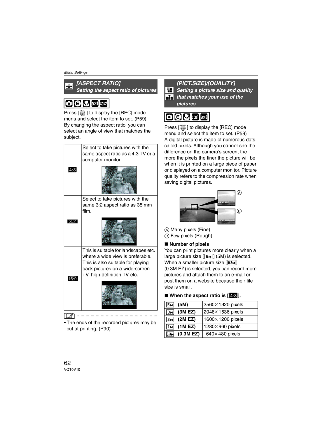 Panasonic DMC-LS2 operating instructions Aspect Ratio, Pict.Size/Quality, Setting the aspect ratio of pictures 