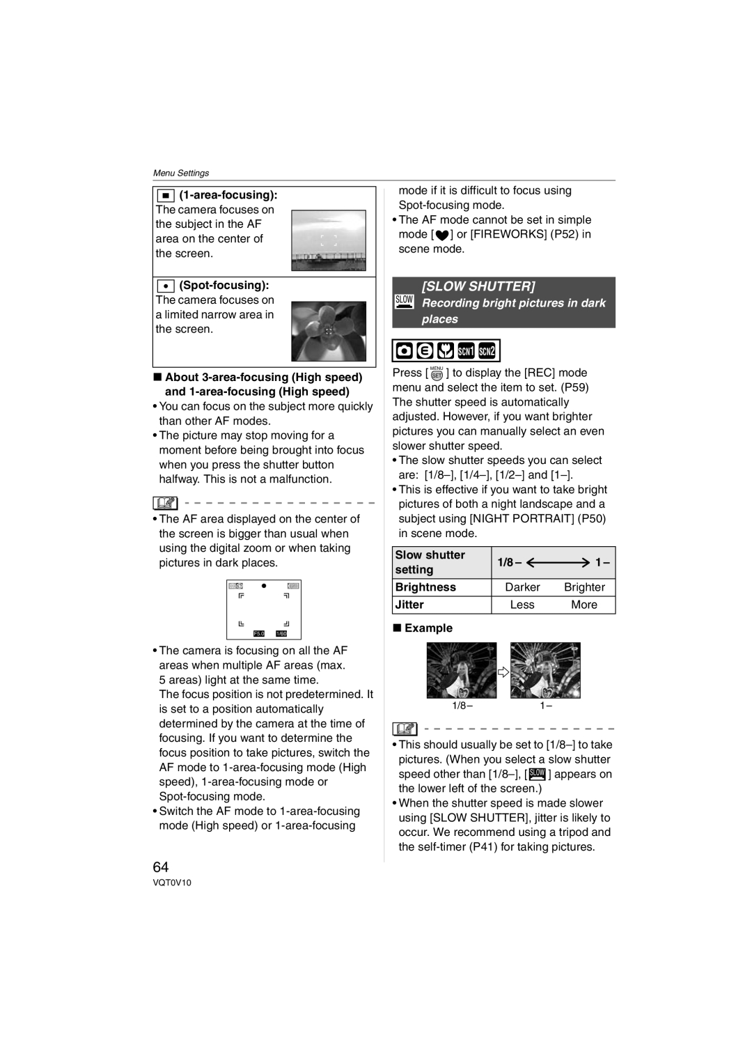 Panasonic DMC-LS2 operating instructions Slow Shutter, Recording bright pictures in dark places 