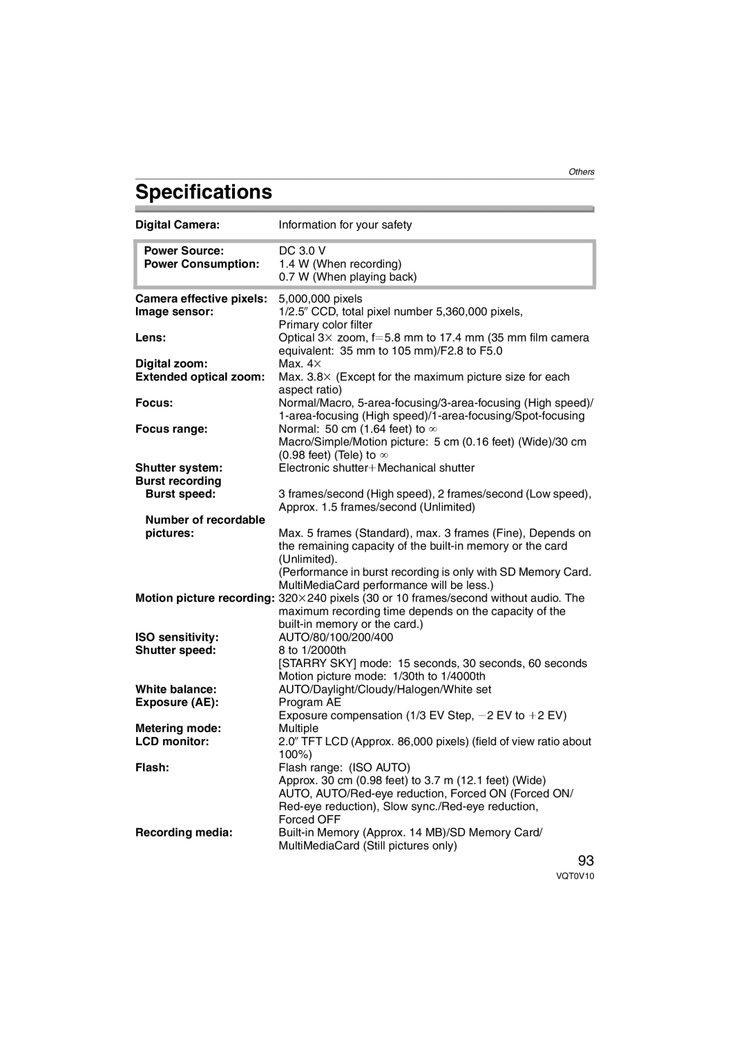 Panasonic DMC-LS2 operating instructions Specifications 