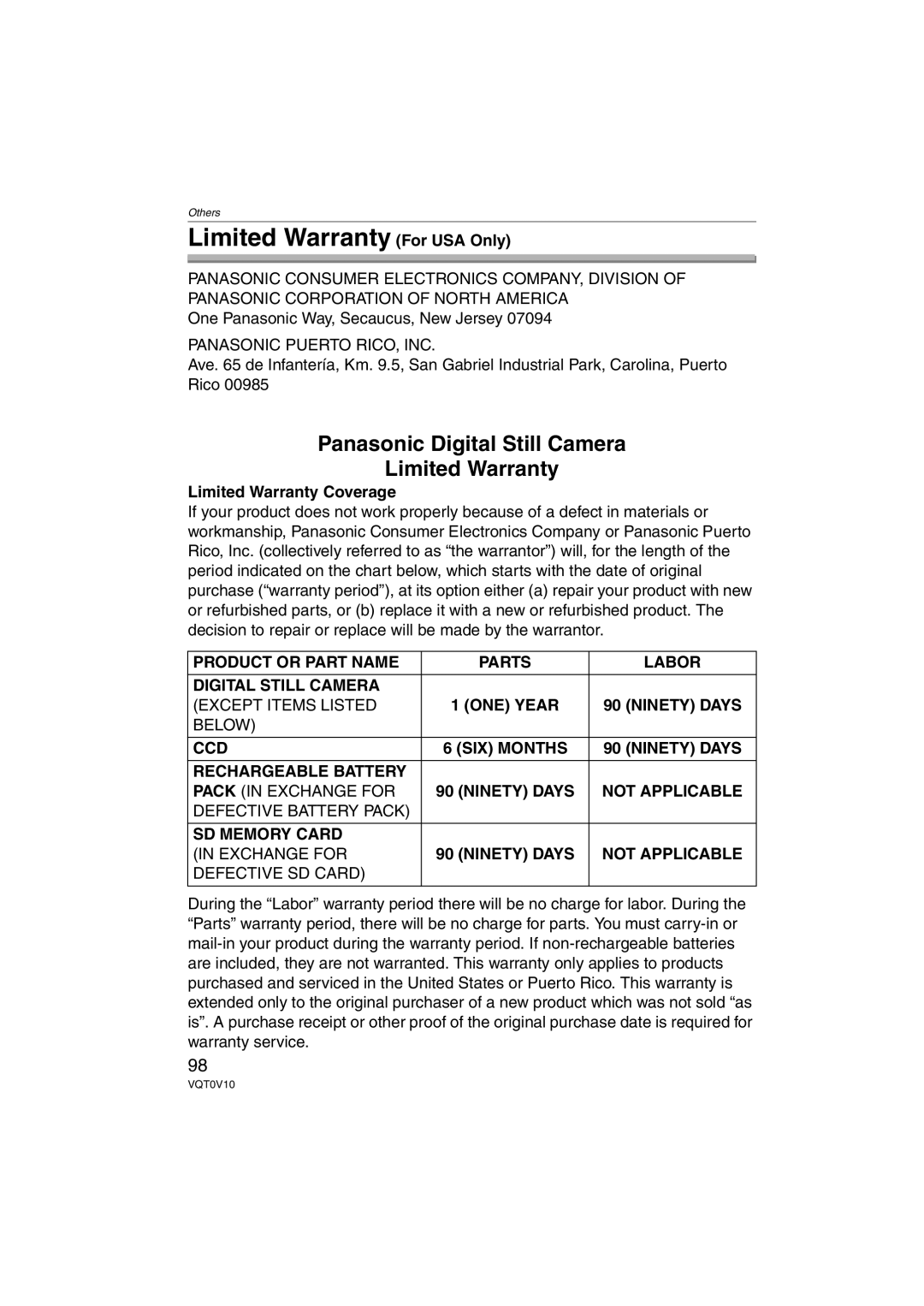 Panasonic DMC-LS2 operating instructions Limited Warranty For USA Only, Limited Warranty Coverage 