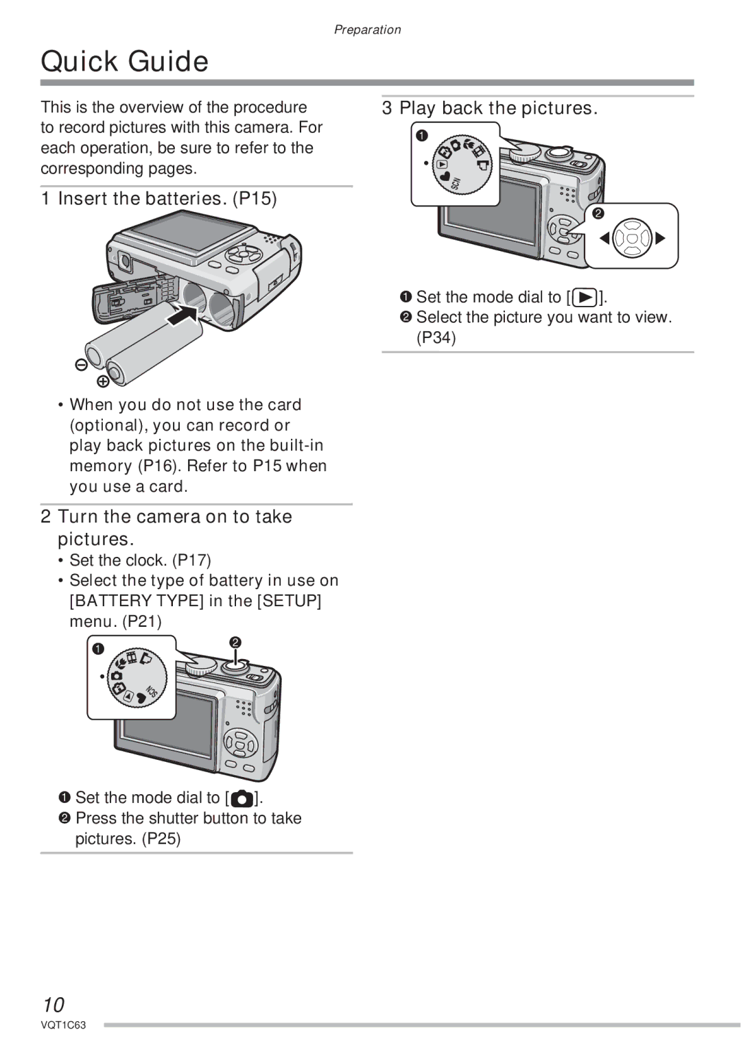 Panasonic DMC-LS60 Quick Guide, Insert the batteries. P15, Play back the pictures, Turn the camera on to take pictures 