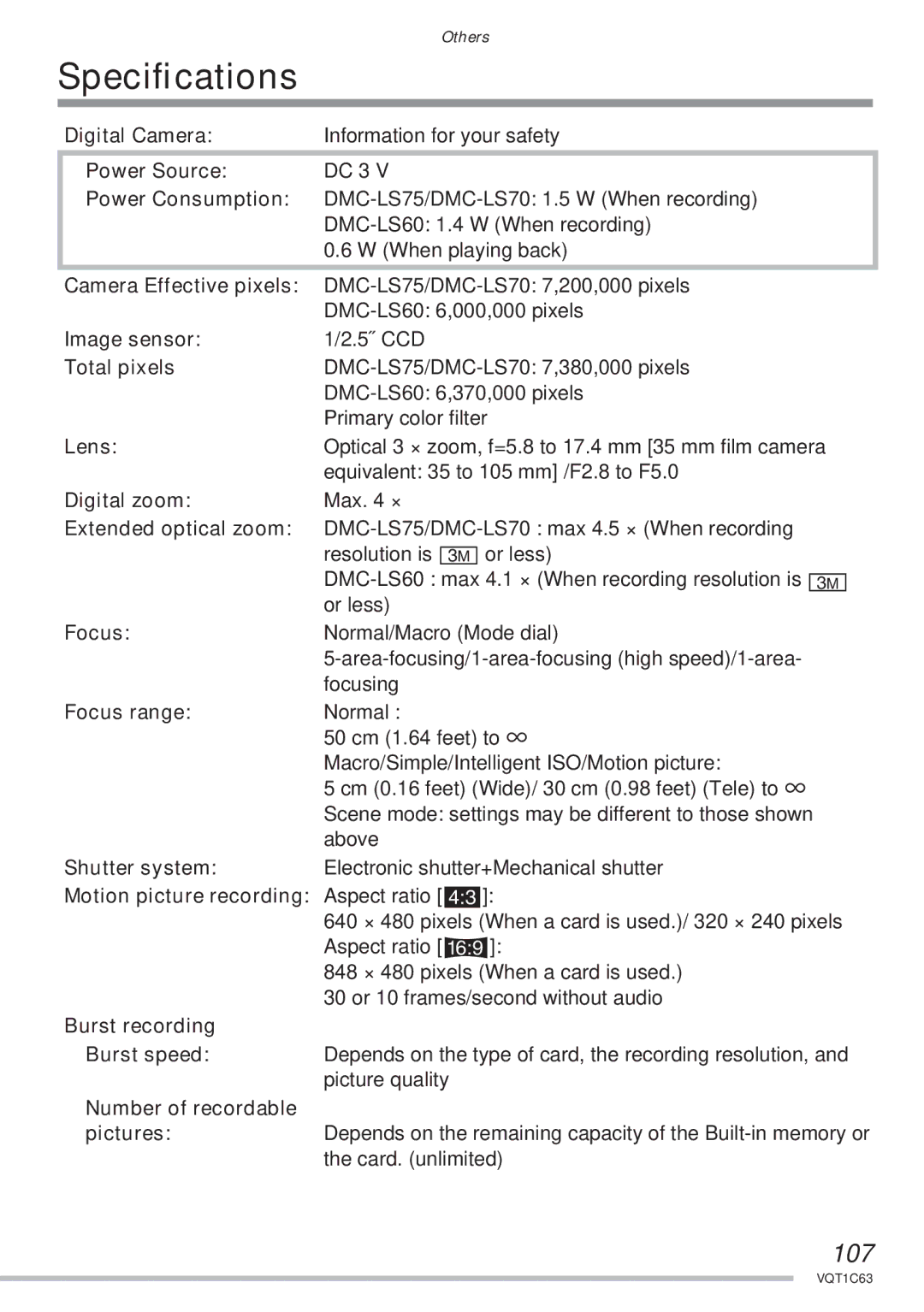 Panasonic DMC-LS70, DMC-LS75, DMC-LS60 operating instructions Speciﬁcations, 107 