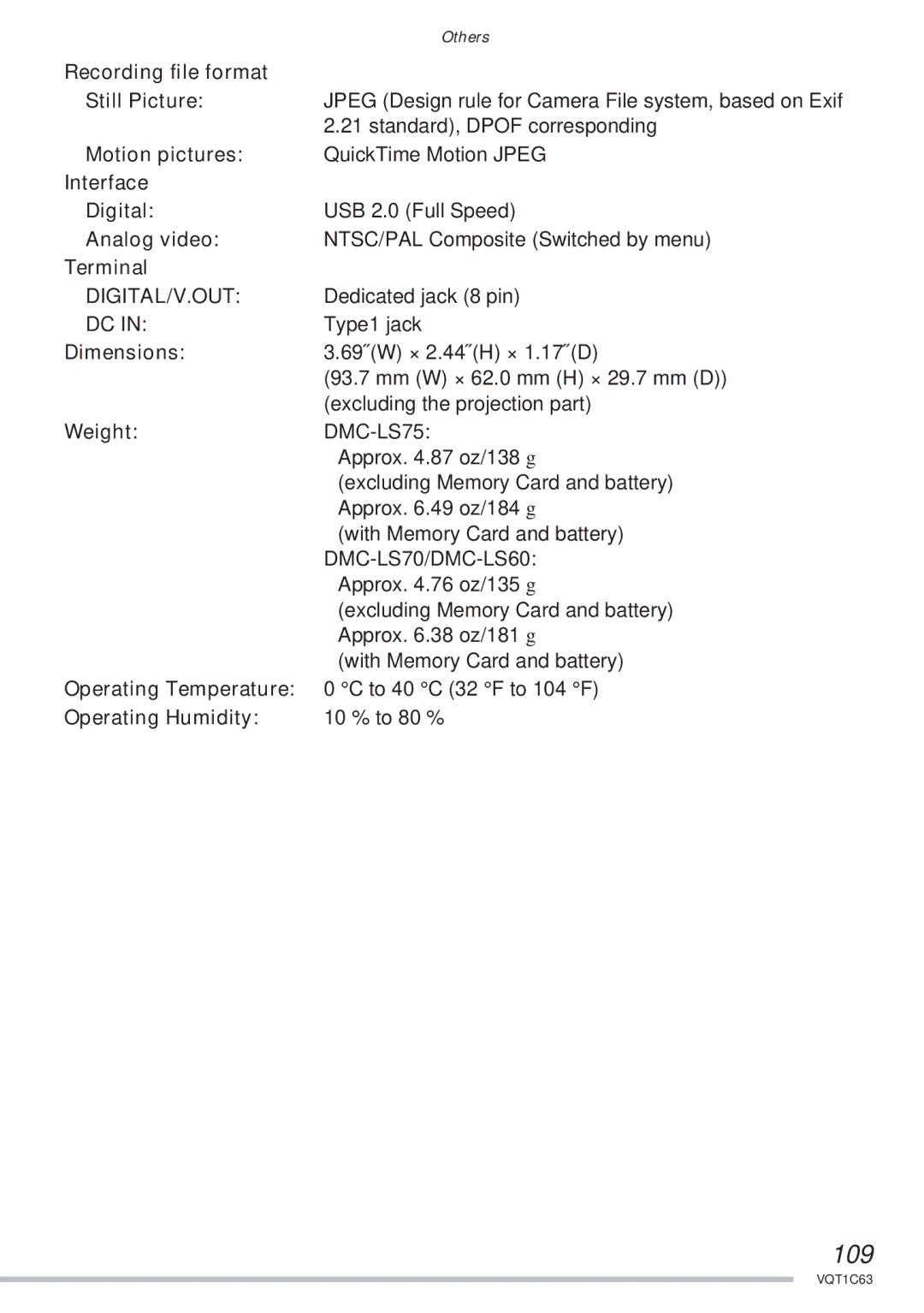 Panasonic DMC-LS60, DMC-LS75, DMC-LS70 operating instructions 109, Digital/V.Out 