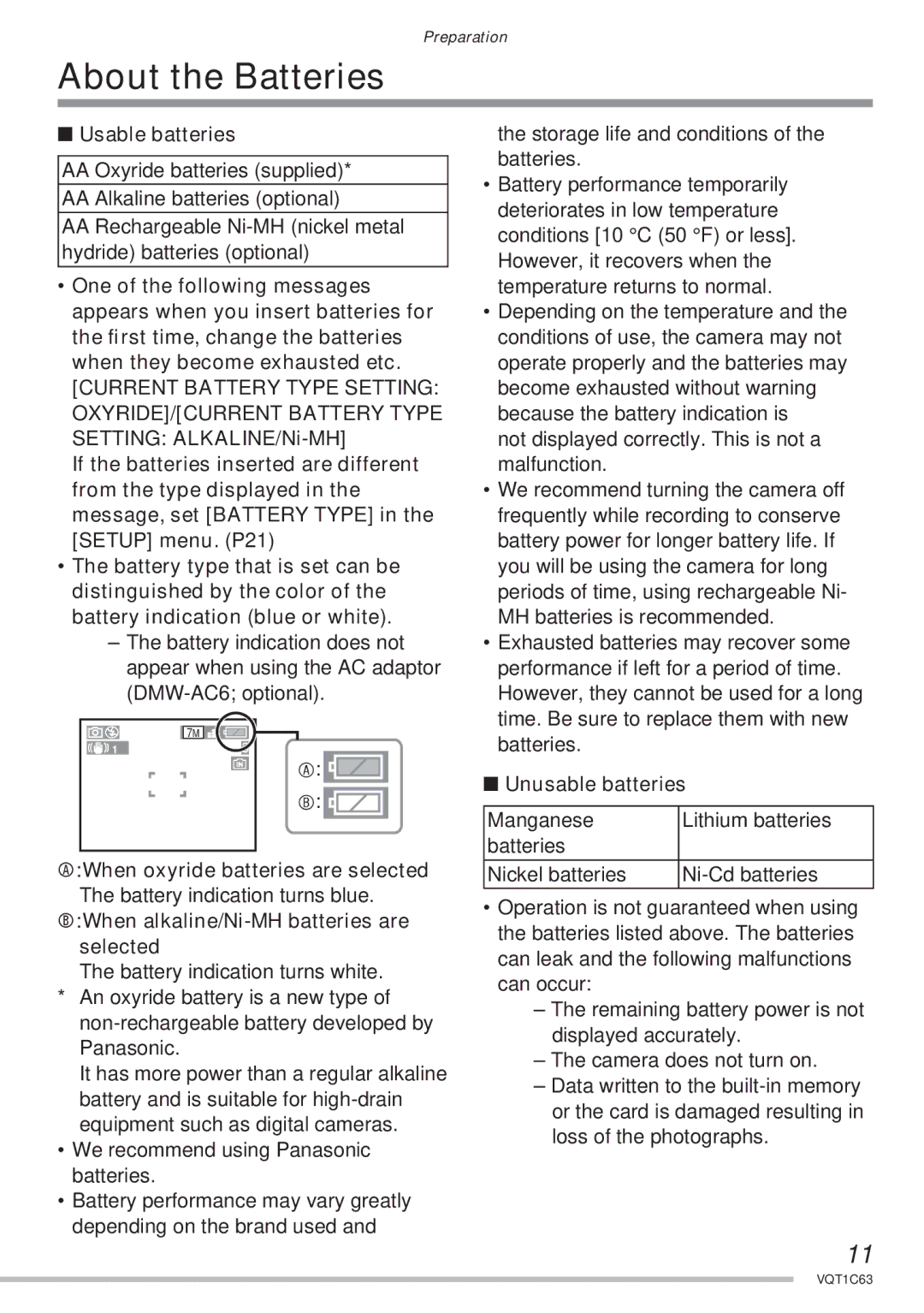 Panasonic DMC-LS70 About the Batteries, Usable batteries, AWhen oxyride batteries are selected, Unusable batteries 