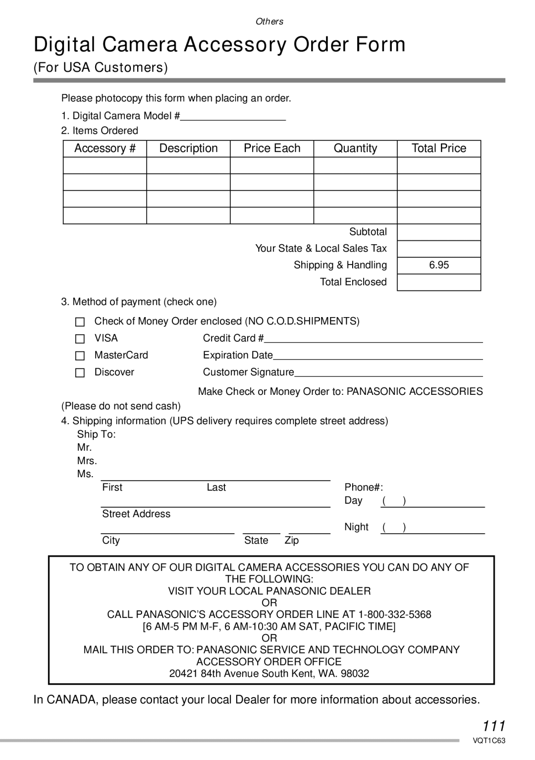 Panasonic DMC-LS75, DMC-LS60, DMC-LS70 operating instructions Digital Camera Accessory Order Form, 111, For USA Customers 