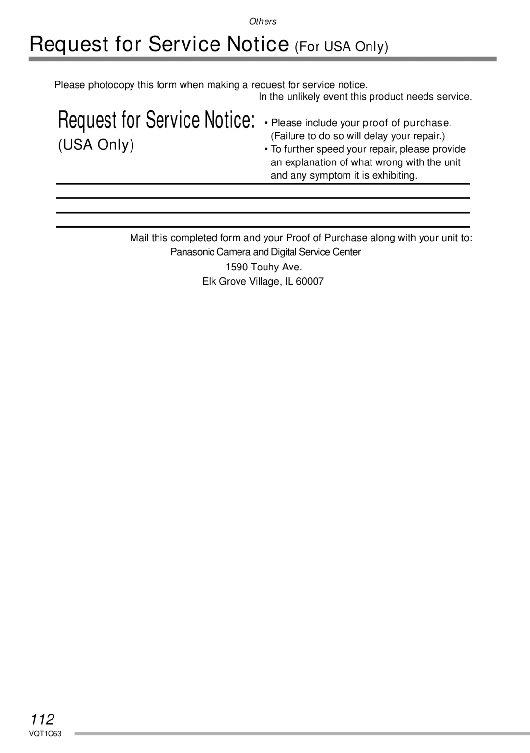 Panasonic DMC-LS60, DMC-LS75, DMC-LS70 operating instructions Request for Service Notice For USA Only, 112 