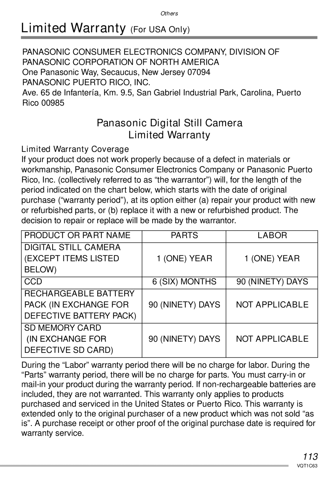 Panasonic DMC-LS70, DMC-LS75, DMC-LS60 operating instructions Limited Warranty For USA Only, 113, Limited Warranty Coverage 