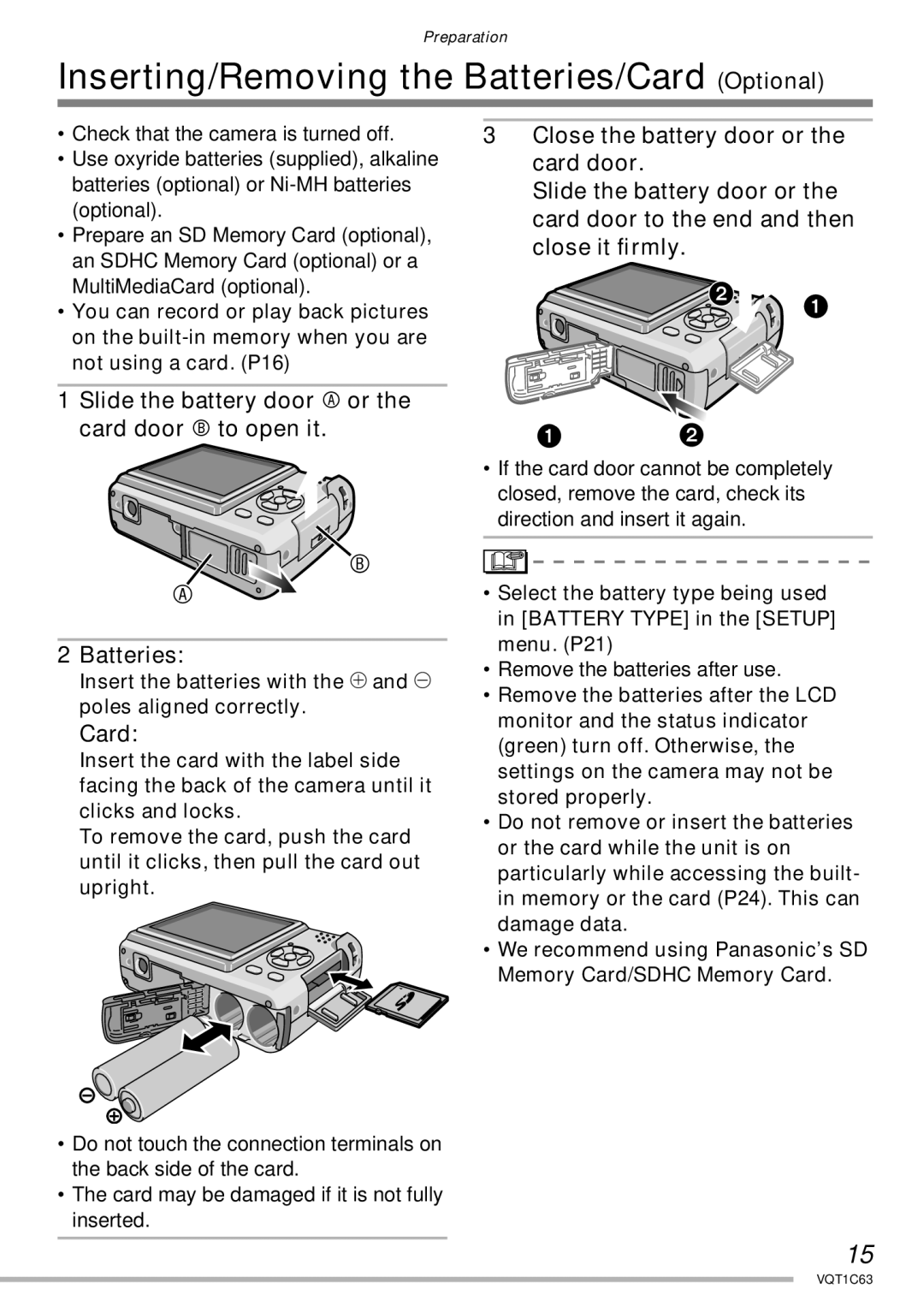 Panasonic DMC-LS75, DMC-LS60, DMC-LS70 Inserting/Removing the Batteries/Card Optional, Remove the batteries after use 