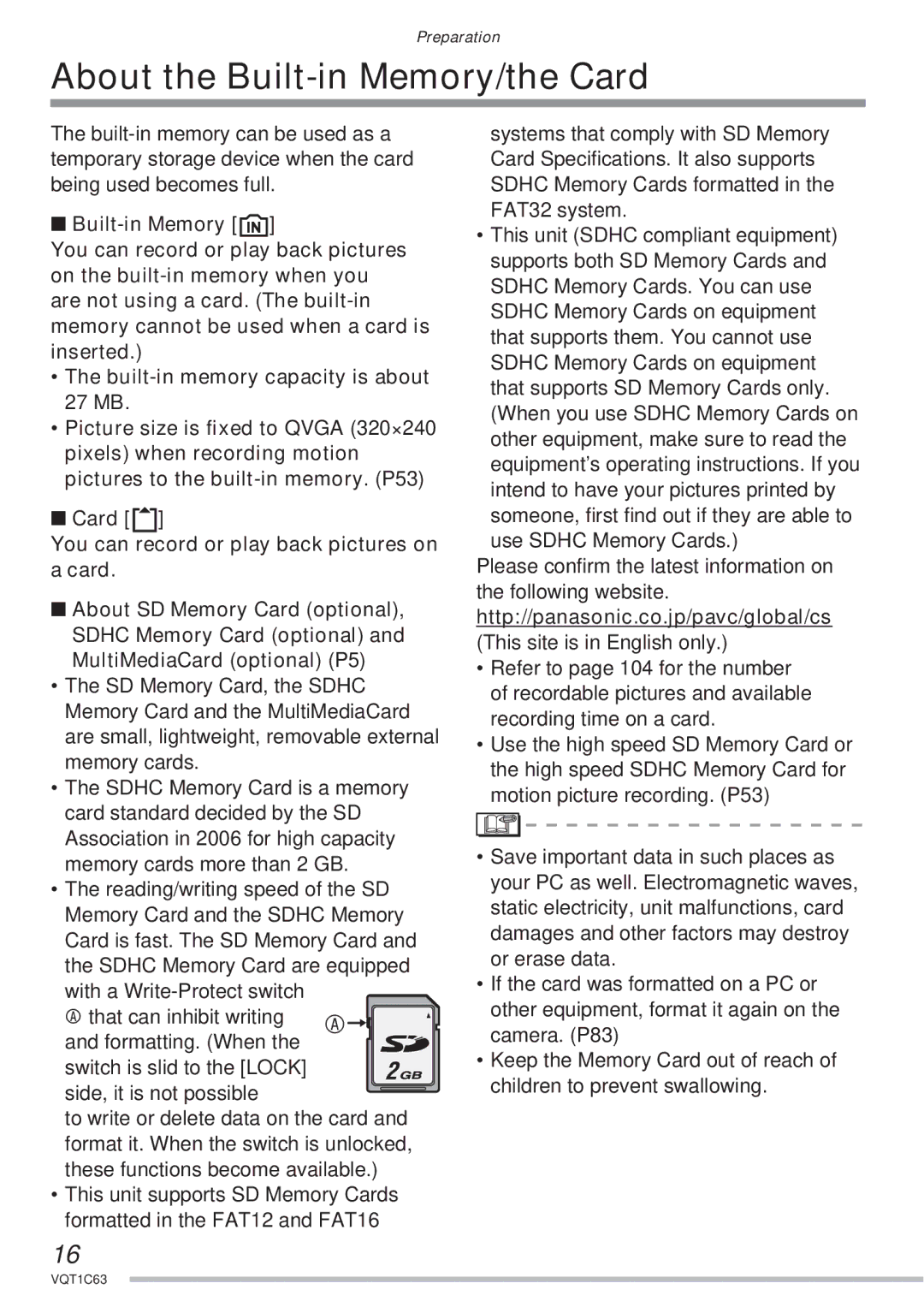 Panasonic DMC-LS60, DMC-LS75 About the Built-in Memory/the Card, Card You can record or play back pictures on a card 