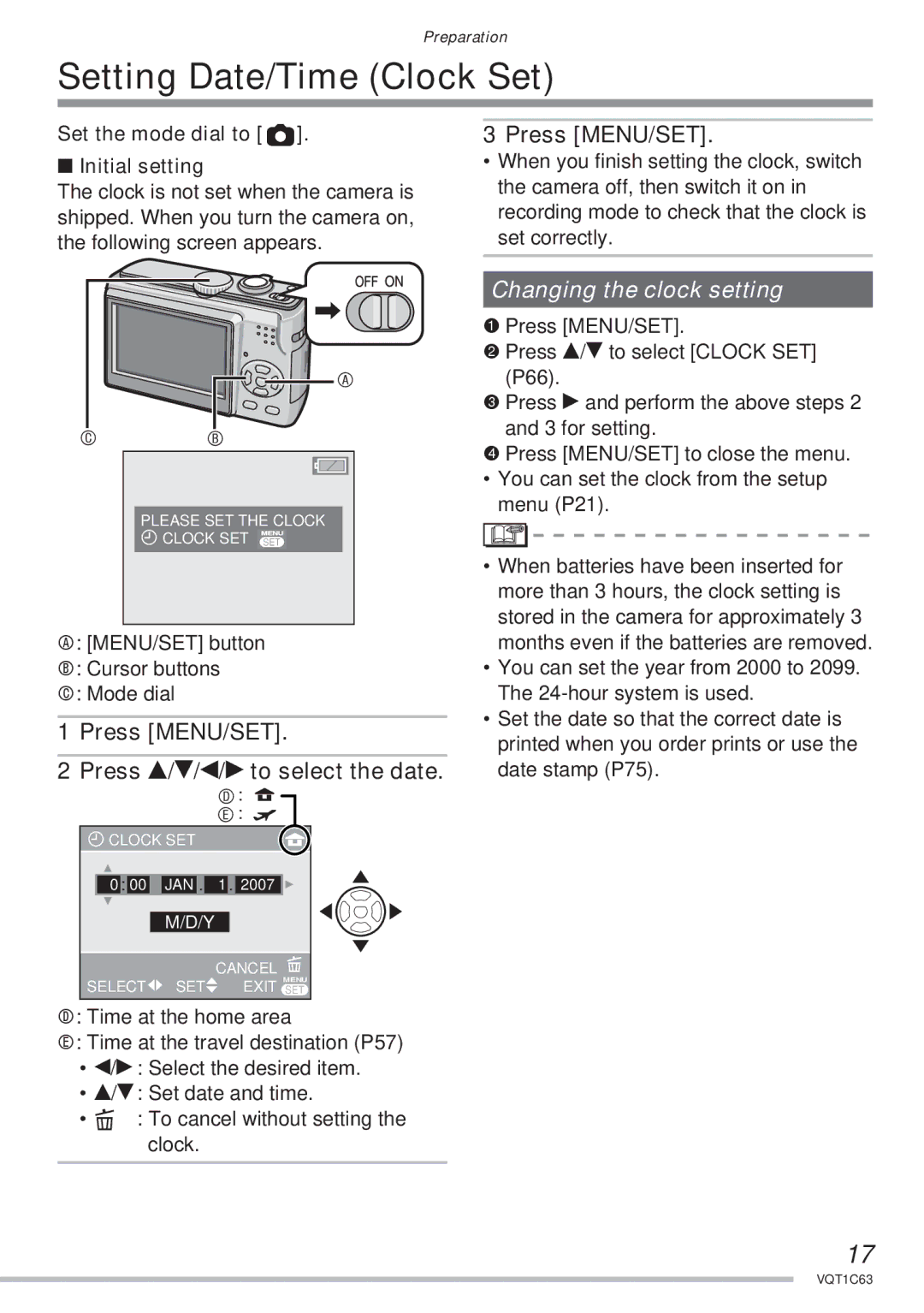 Panasonic DMC-LS70, DMC-LS75, DMC-LS60 Setting Date/Time Clock Set, Press MENU/SET Press e/r/w/q to select the date 