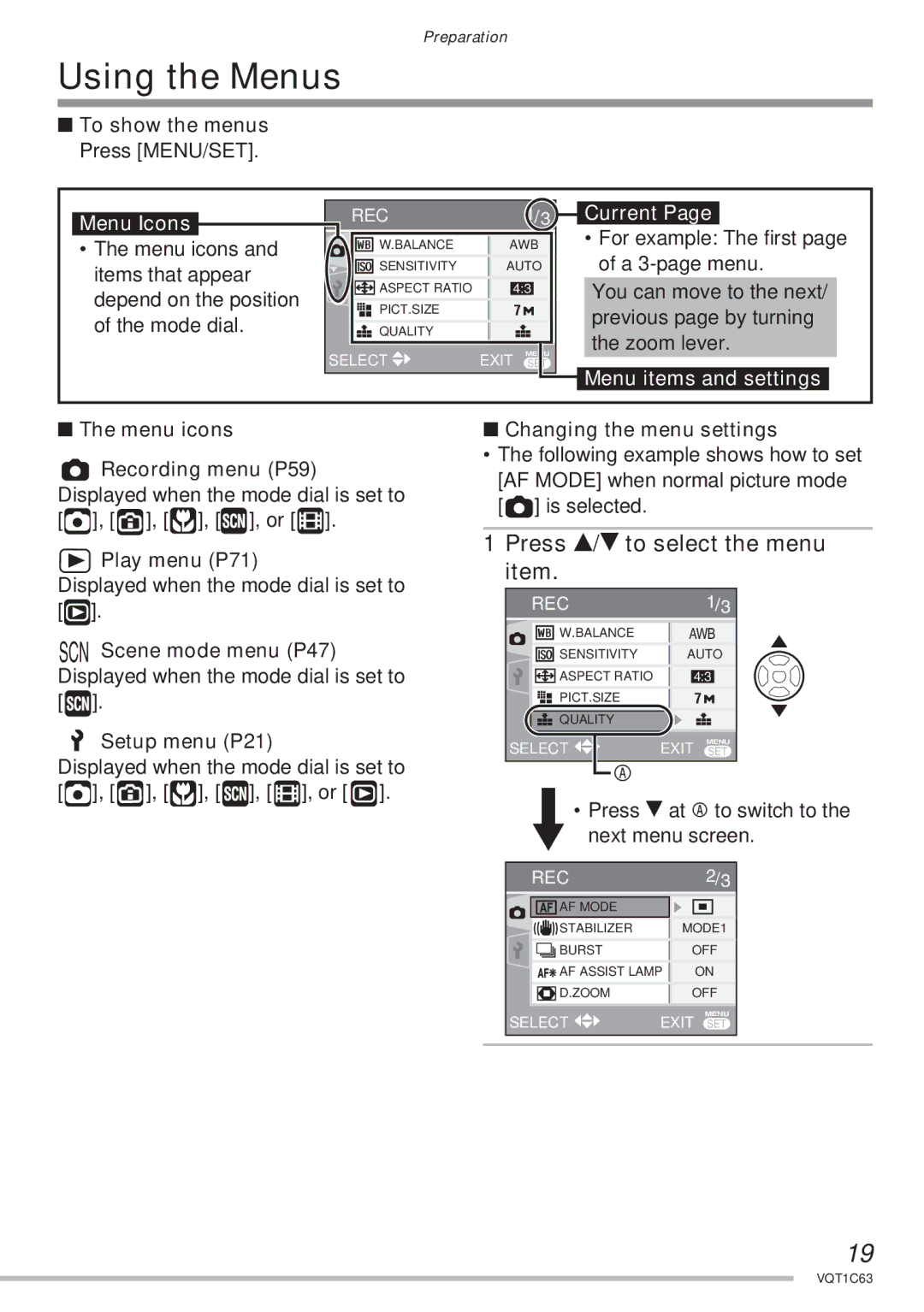 Panasonic DMC-LS60, DMC-LS75, DMC-LS70 Using the Menus, Press e/r to select the menu item, Changing the menu settings 