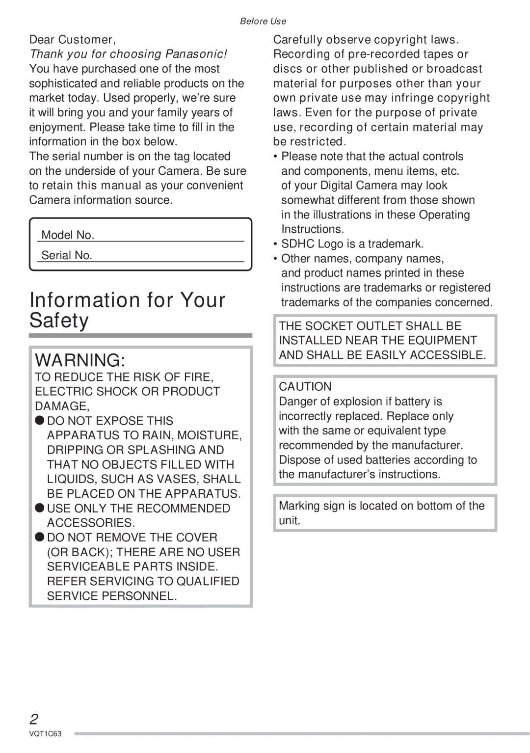 Panasonic DMC-LS70, DMC-LS75 Information for Your Safety, Dear Customer, Marking sign is located on bottom of the unit 