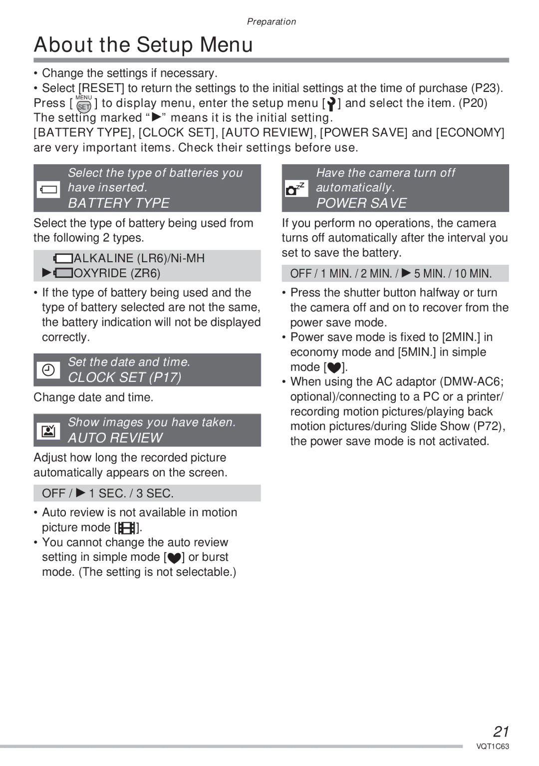 Panasonic DMC-LS75, DMC-LS60, DMC-LS70 About the Setup Menu, Battery Type, Clock SET P17, Auto Review, Power Save 