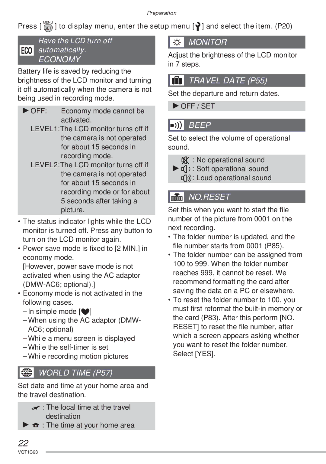 Panasonic DMC-LS60, DMC-LS75, DMC-LS70 operating instructions Economy, Travel Date P55, Beep, No.Reset, World Time P57 