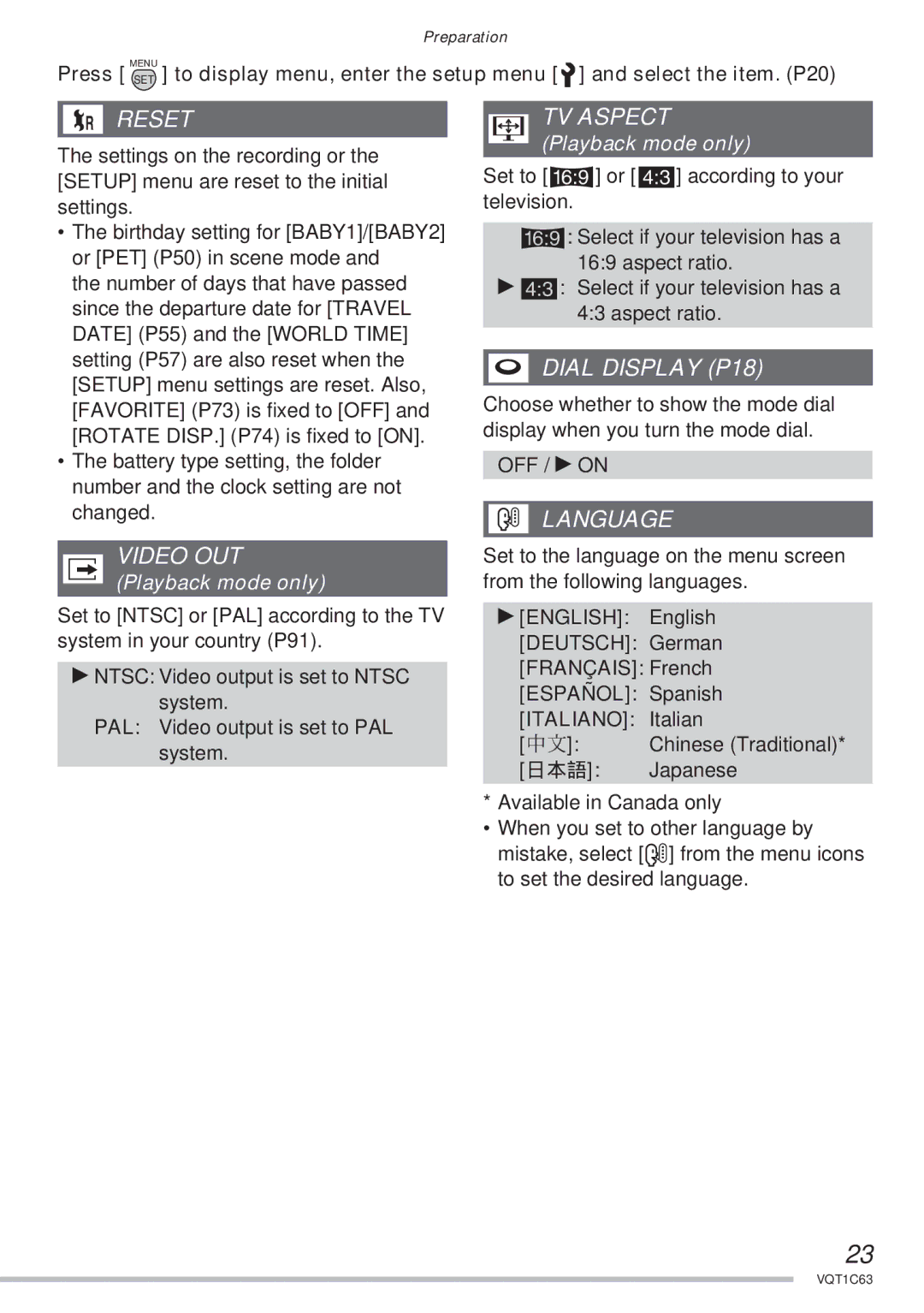 Panasonic DMC-LS70, DMC-LS75, DMC-LS60 operating instructions Reset, Video OUT, TV Aspect, Dial Display P18, Language 