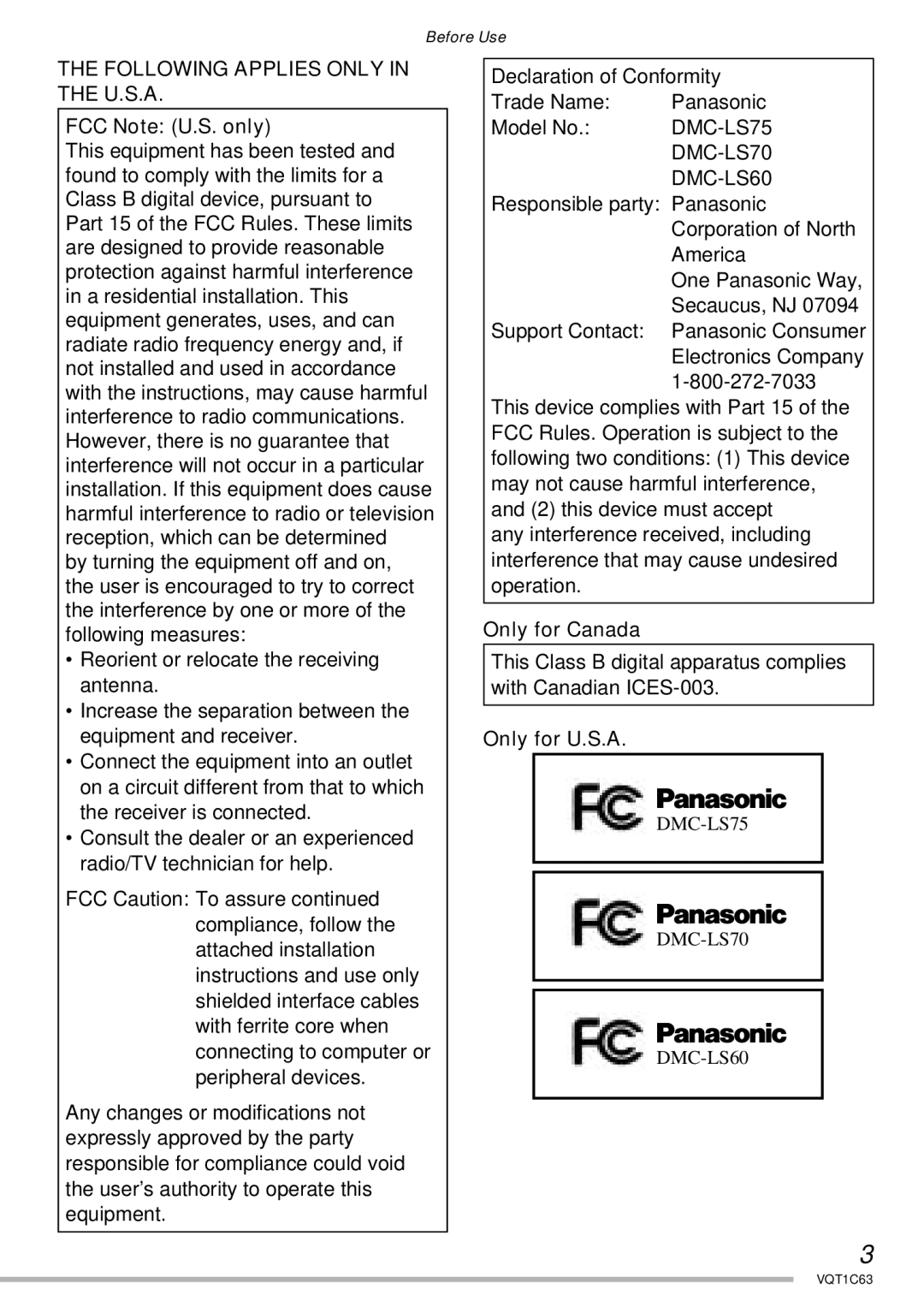 Panasonic DMC-LS75, DMC-LS60 Following Applies only in the U.S.A, FCC Note U.S. only, Only for Canada, Only for U.S.A 