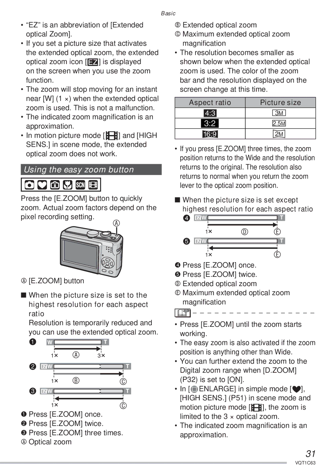 Panasonic DMC-LS60, DMC-LS75, DMC-LS70 operating instructions EZ is an abbreviation of Extended optical Zoom, Picture size 