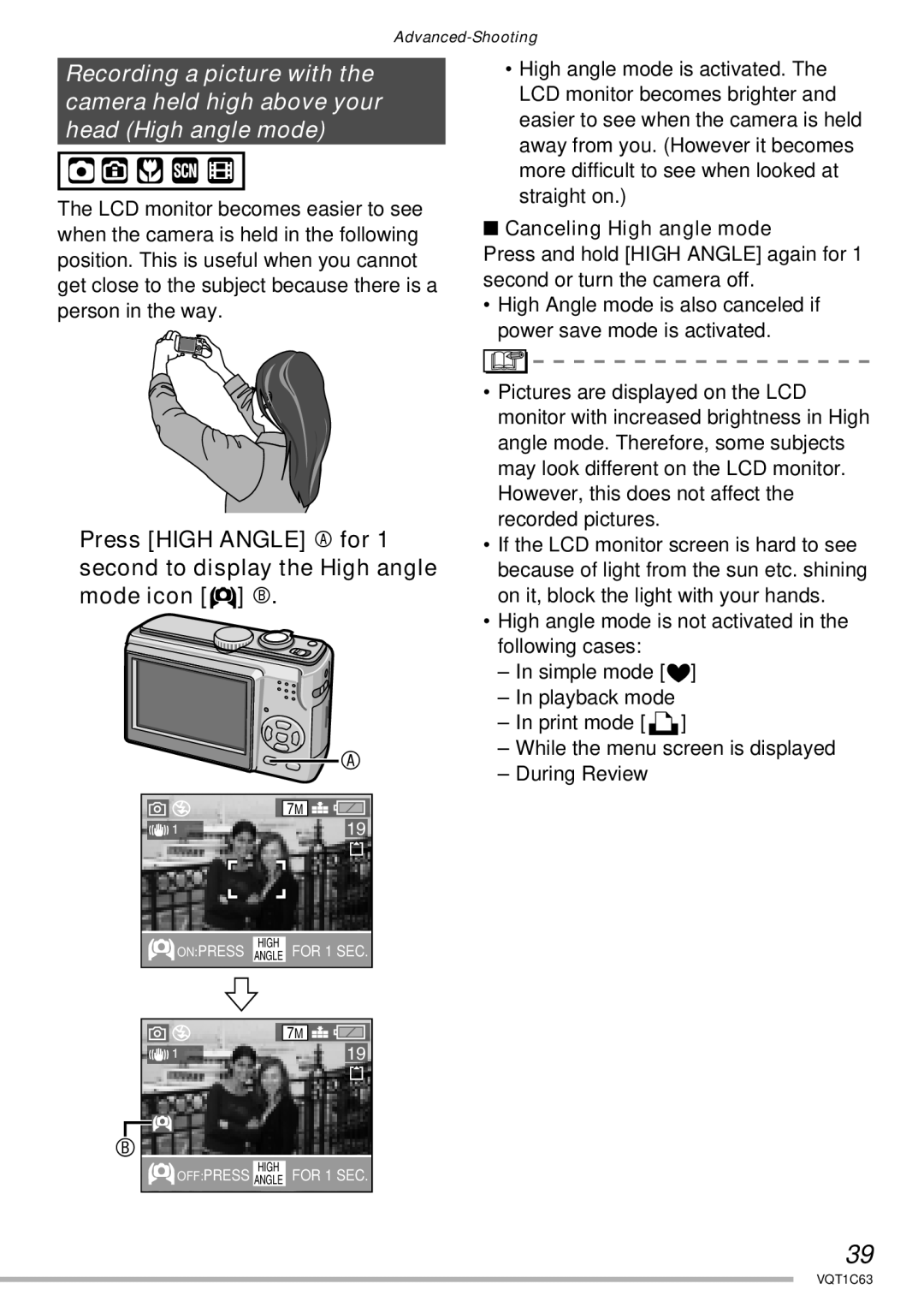 Panasonic DMC-LS75, DMC-LS60, DMC-LS70 operating instructions Canceling High angle mode 